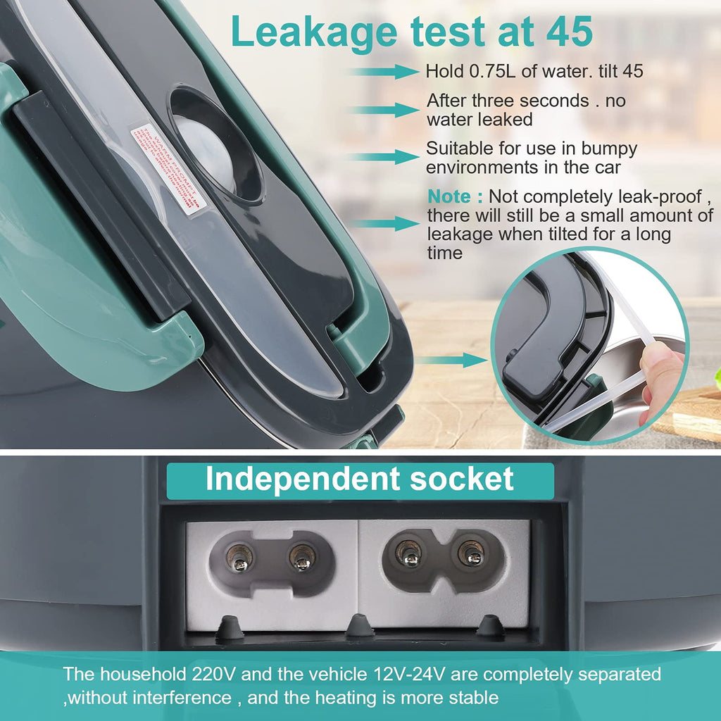 Budth Electric Lunch Box,80W Portable Heated Lunch Box Leak-Proof Food Warmer for Car Truck Home Office, 12V 24V 110V Adapter,with SS Fork & Spoon and Carry Bag (Grey+Green)