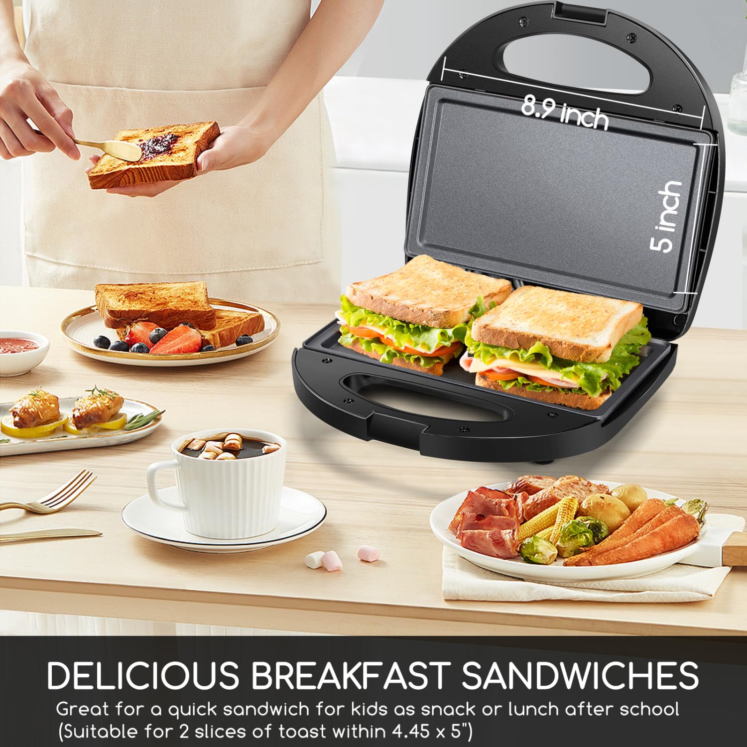 Aigostar Sandwich Maker with Non-stick Deep Grid Surface for Egg, Ham, Steaks Compact Electric Grill Black, ETL Certificated, Roy