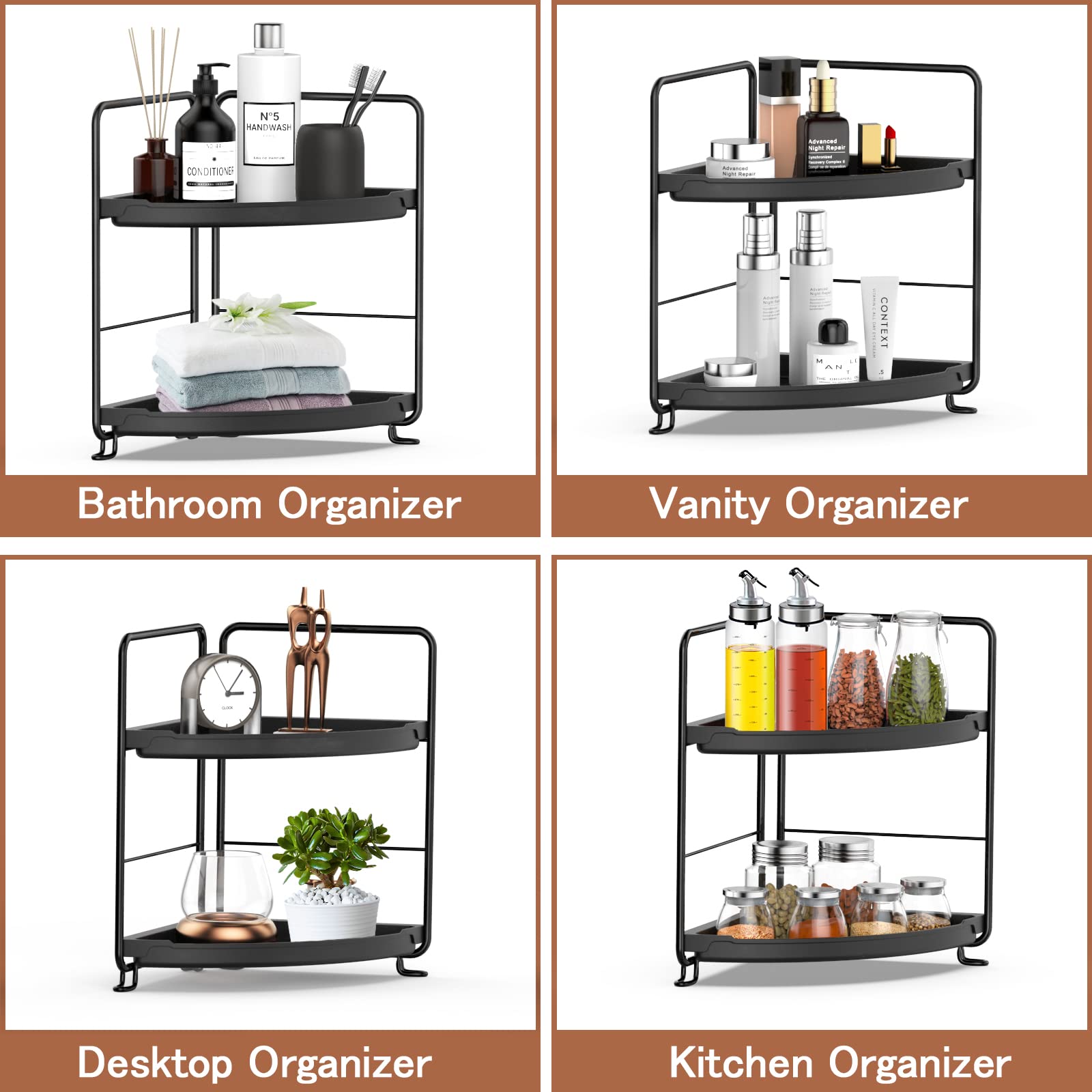 Mokani Bathroom Organizers Countertop, 2-Tier Corner Shelf, Counter Organizer, Makeup Cosmetic Perfume Vanity Storage for Bathroom Washroom Kitchen Spice Rack