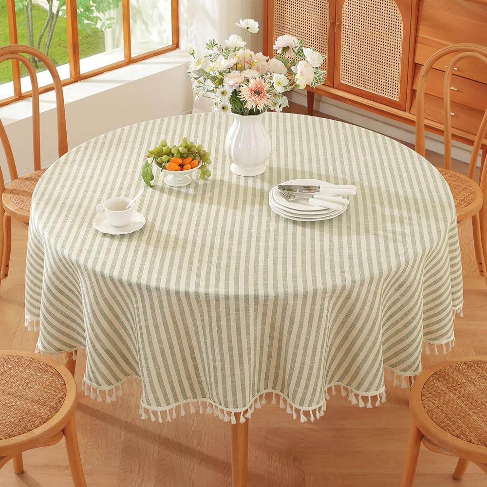 TruDelve Round Table Cloths 60 Inch Green Striped Cloth Tablecloths Spring Outdoor Picnic Table Cloth Round Cover (Green,60",Round)