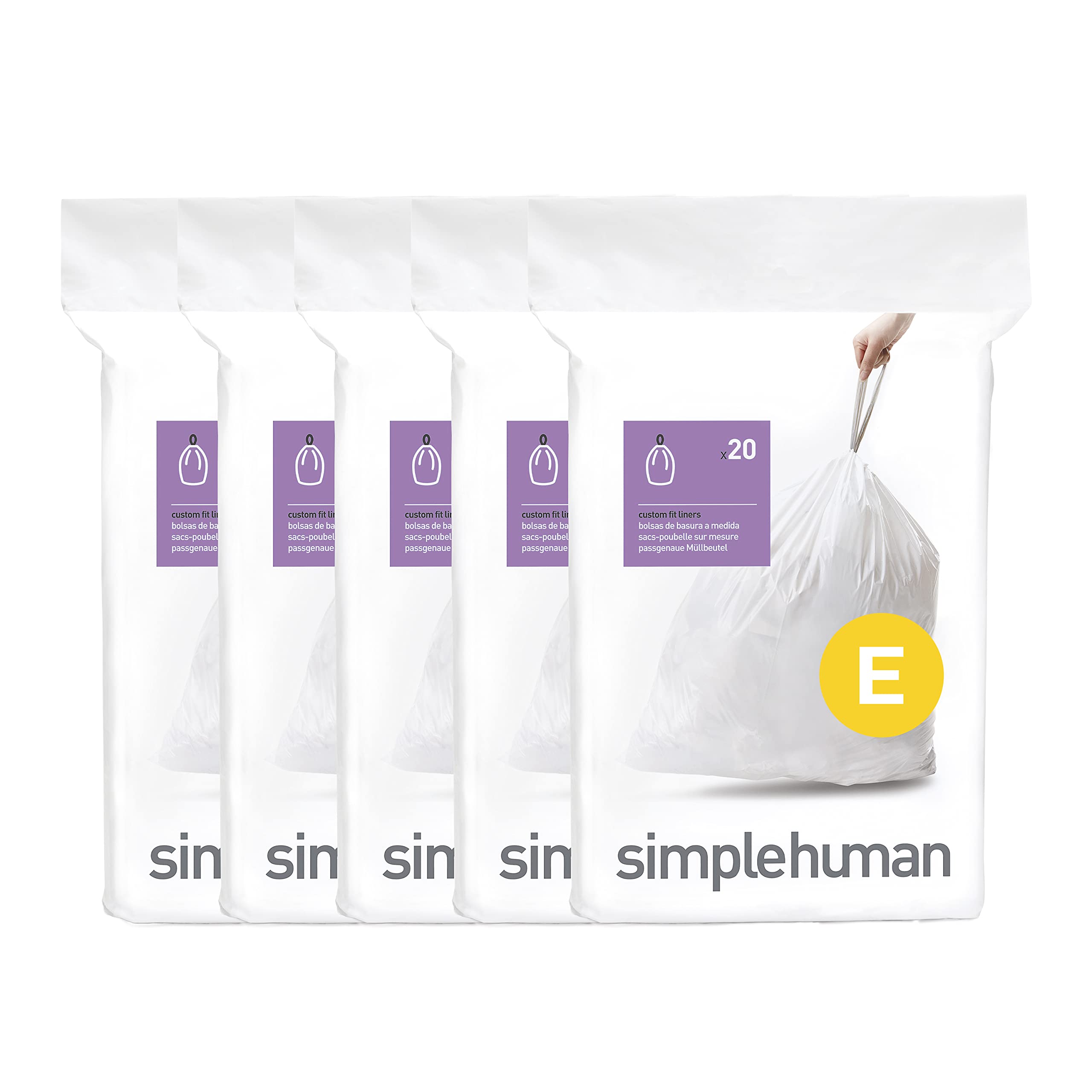 simplehuman Code E 100 Count, Dispenser Pack Custom Fit Liners, Drawstring Trash Bags, 20L / 5.3 Gallons, White