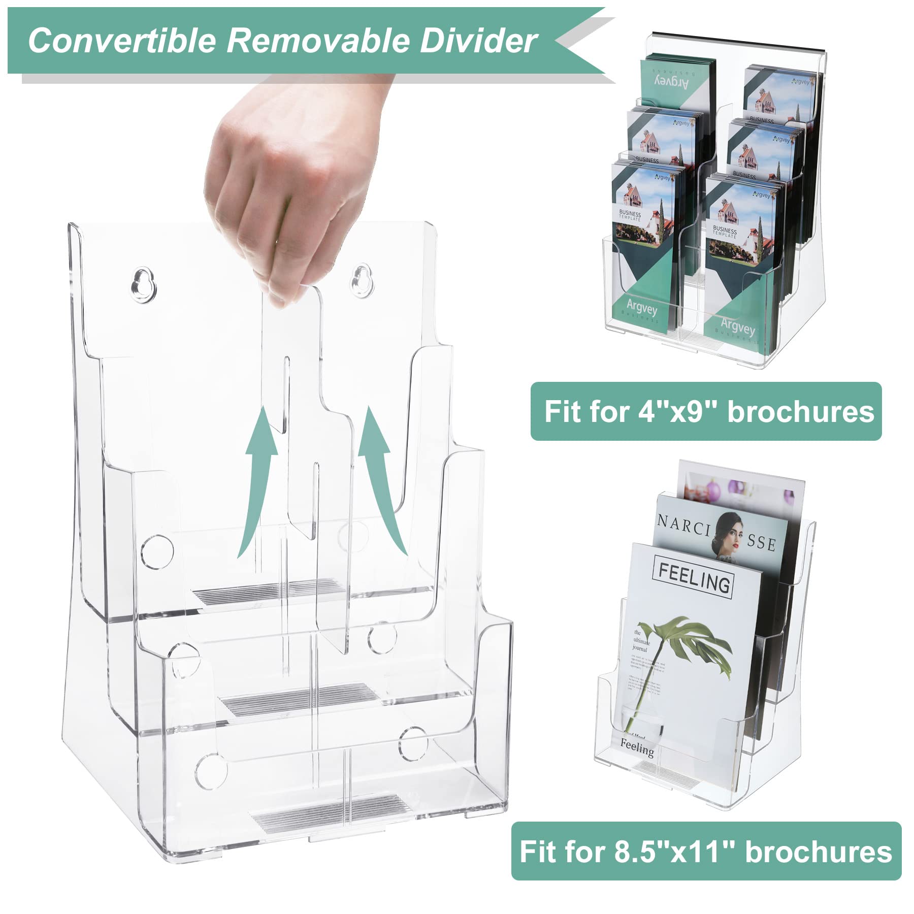 Acrylic Brochure Holder 8.5 x 11 inches, 3 Tier Clear Literature Holder with Removable Divider for Trifold 4 Inches Wide Pamphlet, Plastic Flyer Display Stand for Magazine, Document, Booklet