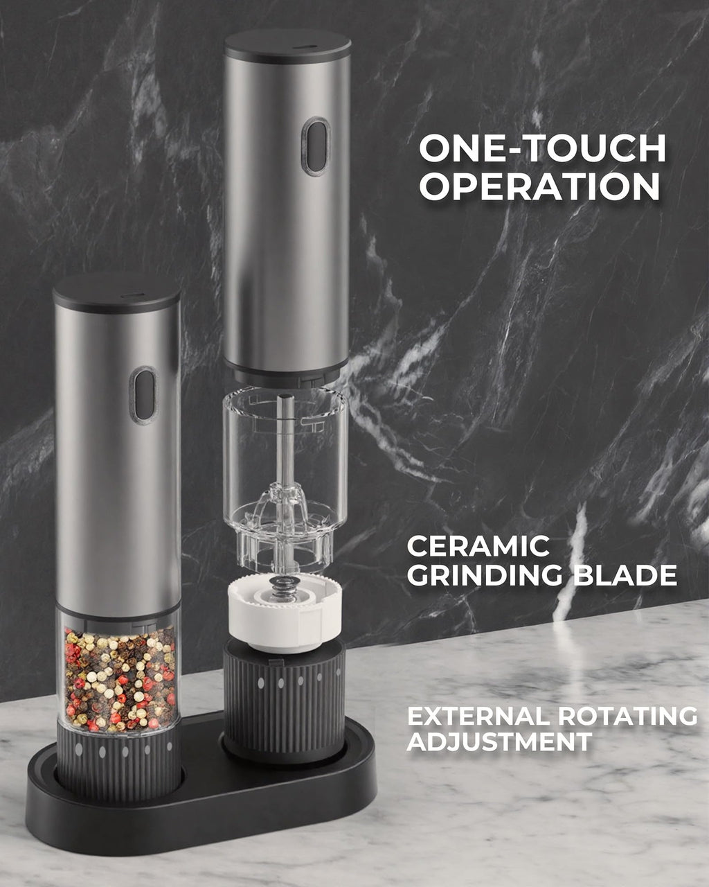 Salt and Pepper Grinder Set, Automatic Salt and Pepper Grinder, USB-C Rechargeable with 5 Adjustable Coarseness, One Hand Operation