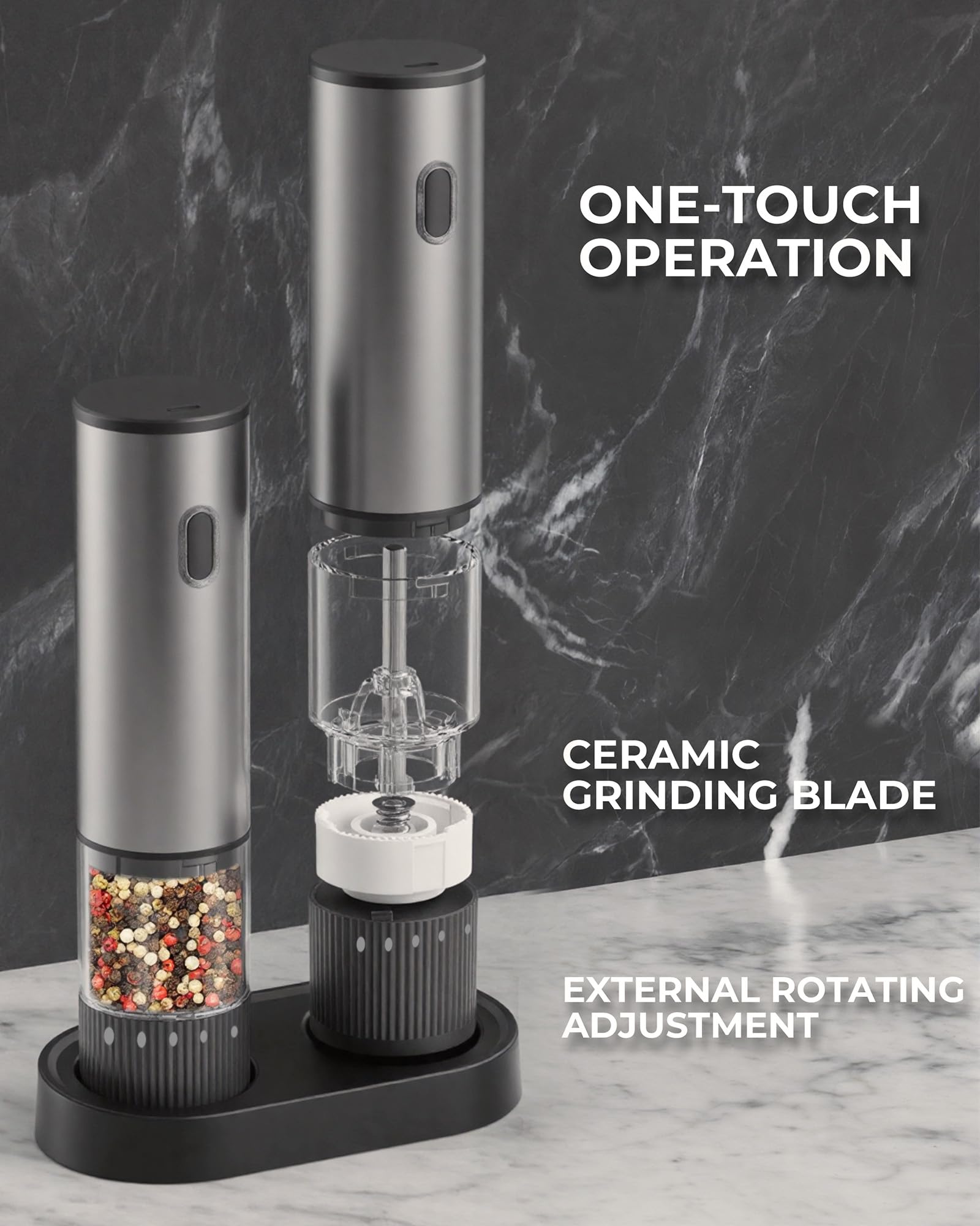 Salt and Pepper Grinder Set, Automatic Salt and Pepper Grinder, USB-C Rechargeable with 5 Adjustable Coarseness, One Hand Operation