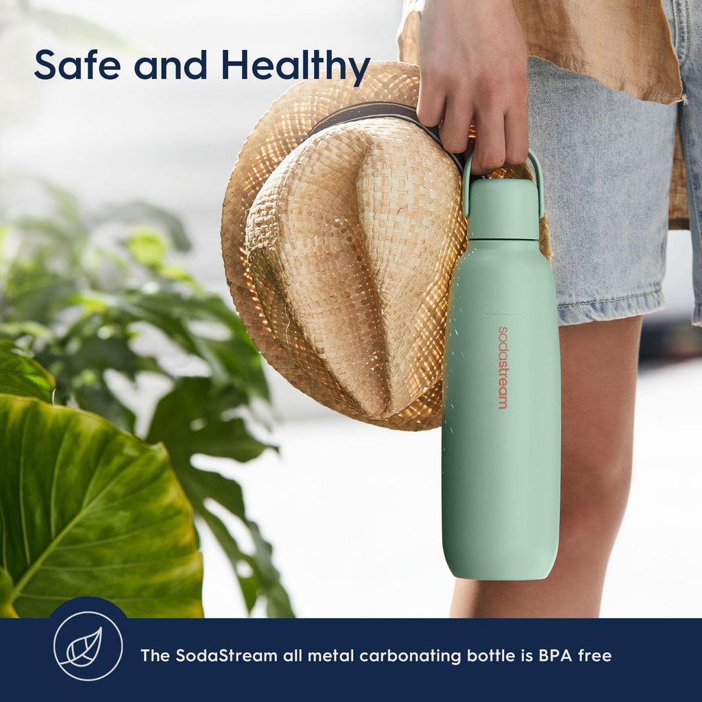 SodaStream - Fizz & Go Cool Bottle | Stainless Steel Carbonating Water Bottle | Keeps Drinks Cold 12 Hrs | Cupholder Friendly | Compatible with Pink CO2 Cylinder Machines | Storm Color | 0.9L