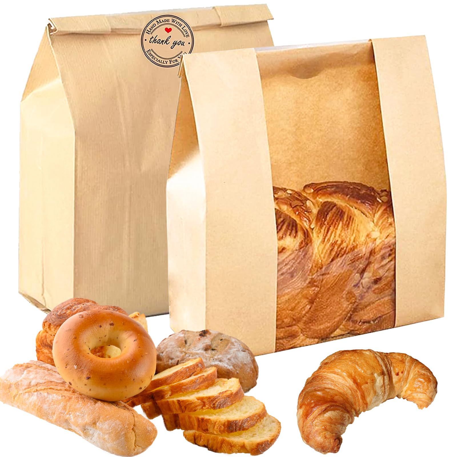 50 Pcs Paper Bread Bags for Homemade Bread Sourdough Bread Bags with Window Brown Kraft Paper Bakery Bread Bags Loaf Bags-13.7x8.2x3.5 inch