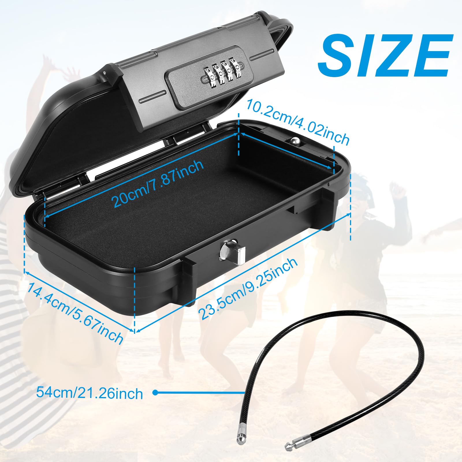 Travel Safe Portable Small Beach Safe Box with 4 Digital Combination Waterproof Security Case Lock Case with Removable Wire Rope Safety Box for Home Office Hotel Cars Travel