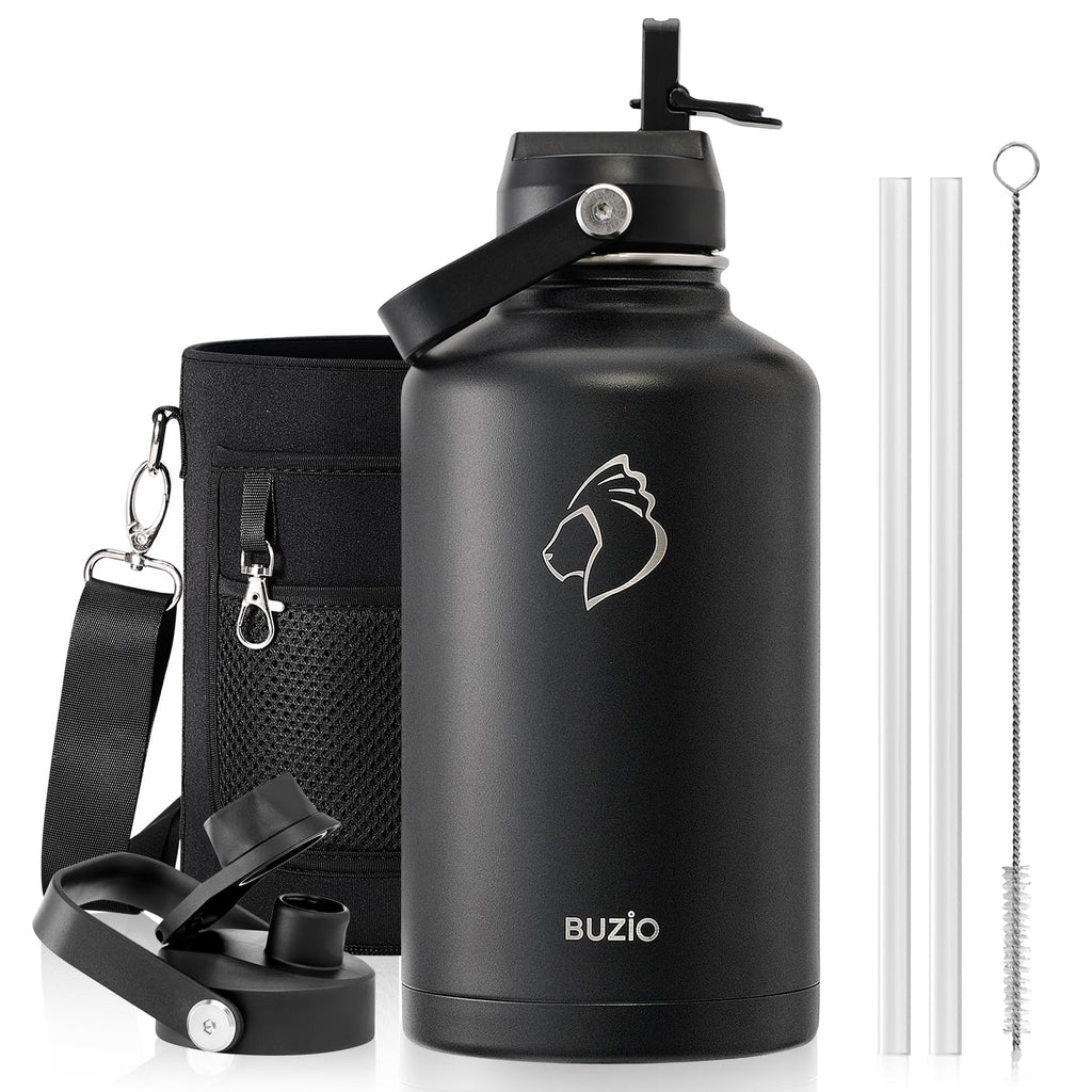 BUZIO 64oz Insulated Water Bottle, Stainless Steel Half Gallon Metal Jug (Cold for 48 Hrs) Triple Wall Large Leakproof Wide Mouth Drink Flask with Straw Lid Flex Cap for Gym Sports Hiking, Camping