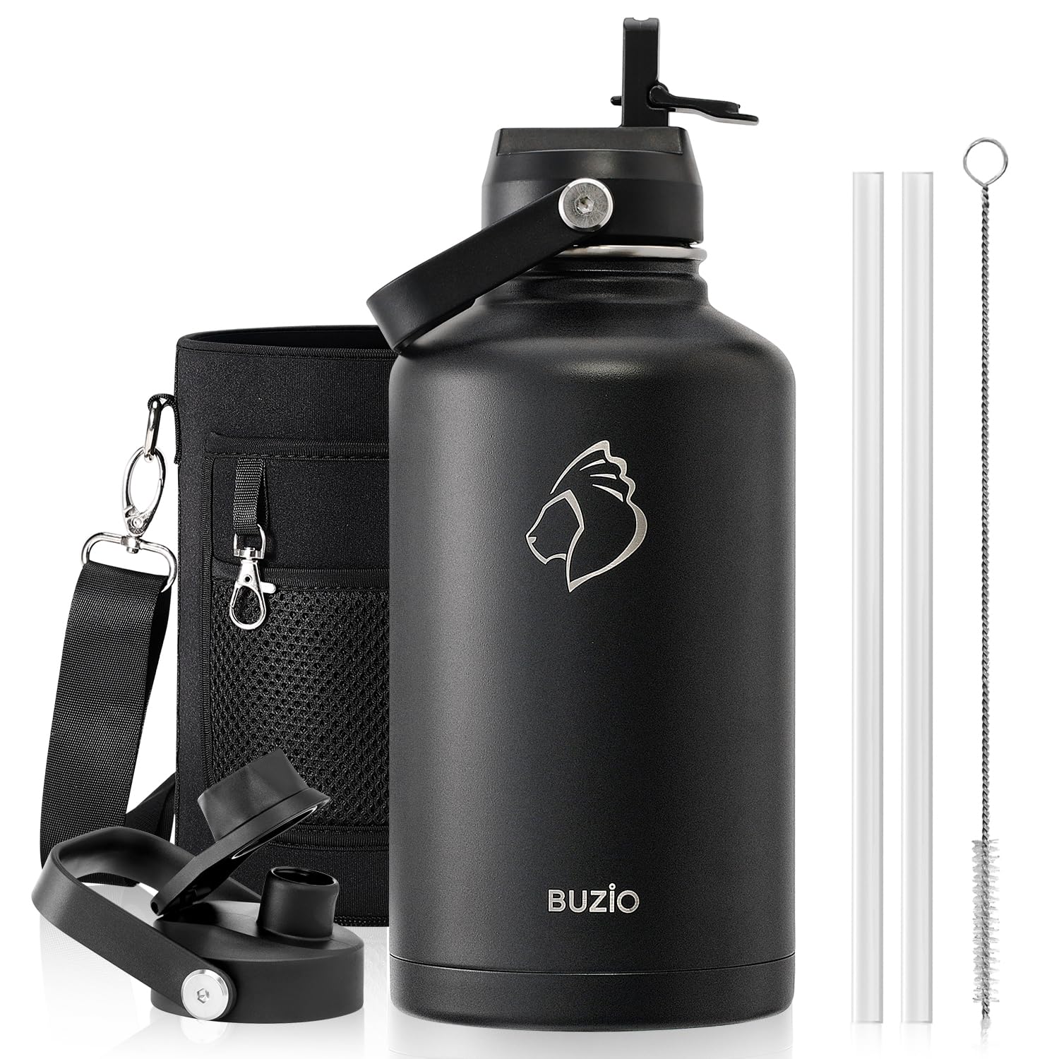 BUZIO 64oz Insulated Water Bottle, Stainless Steel Half Gallon Metal Jug (Cold for 48 Hrs) Triple Wall Large Leakproof Wide Mouth Drink Flask with Straw Lid Flex Cap for Gym Sports Hiking, Camping