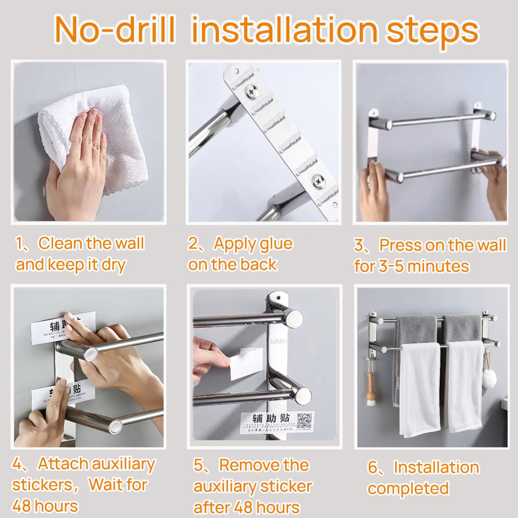 MEKENSO SUS304 Dual Bar Adjustable Towel Bar, Expandable Space Saving Towel Rack, Bathroom Towel Holder with Double Hook 16.9 to 29.9 Inch, No Drill/Screw Installation.（Black）