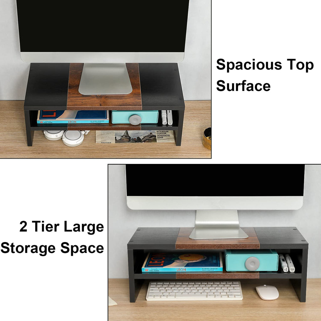 TEAMIX 2 Tiers Desktop Monitor Stand Riser 20 Inch Printer Stand with Storage Small TV Riser Laptop Wooden Desk Organizer Shelf Bookshelf