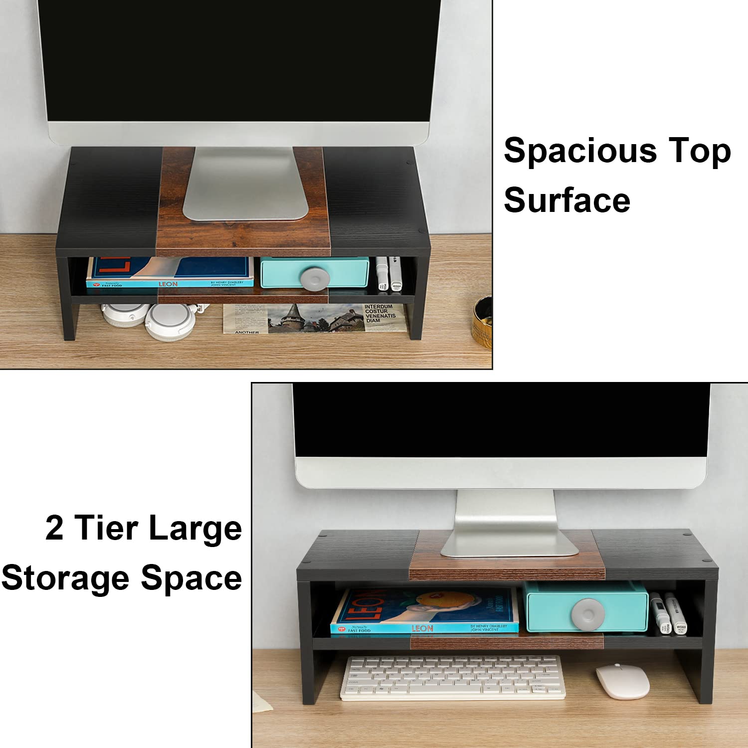 TEAMIX 2 Tiers Desktop Monitor Stand Riser 20 Inch Printer Stand with Storage Small TV Riser Laptop Wooden Desk Organizer Shelf Bookshelf