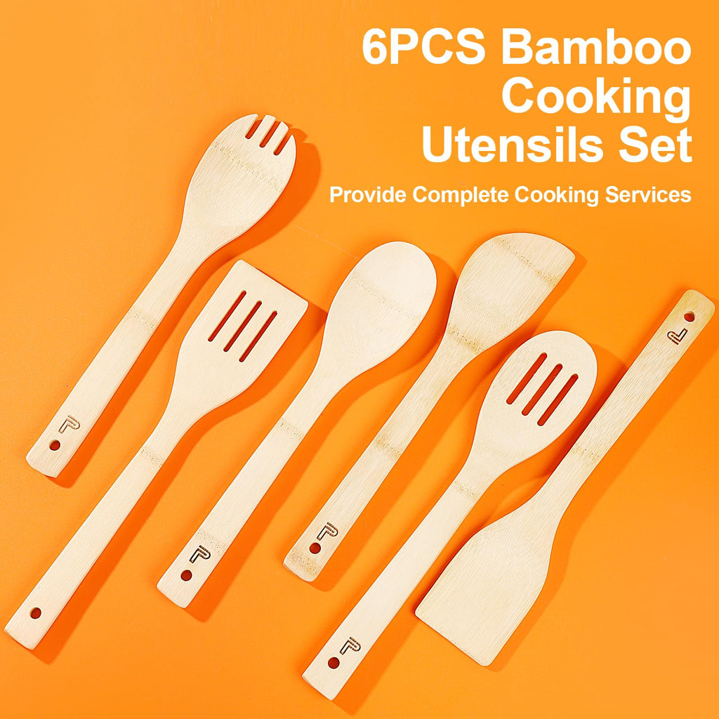 Puluole Wooden Utensils for Cooking - 6 Piece Wooden Spoons for Cooking,Premium Wood Spatula for Cooking,Non-Stick Wooden Cooking Utensil Set,Organic Bamboo Utensils,Kitchen Gifts for Women