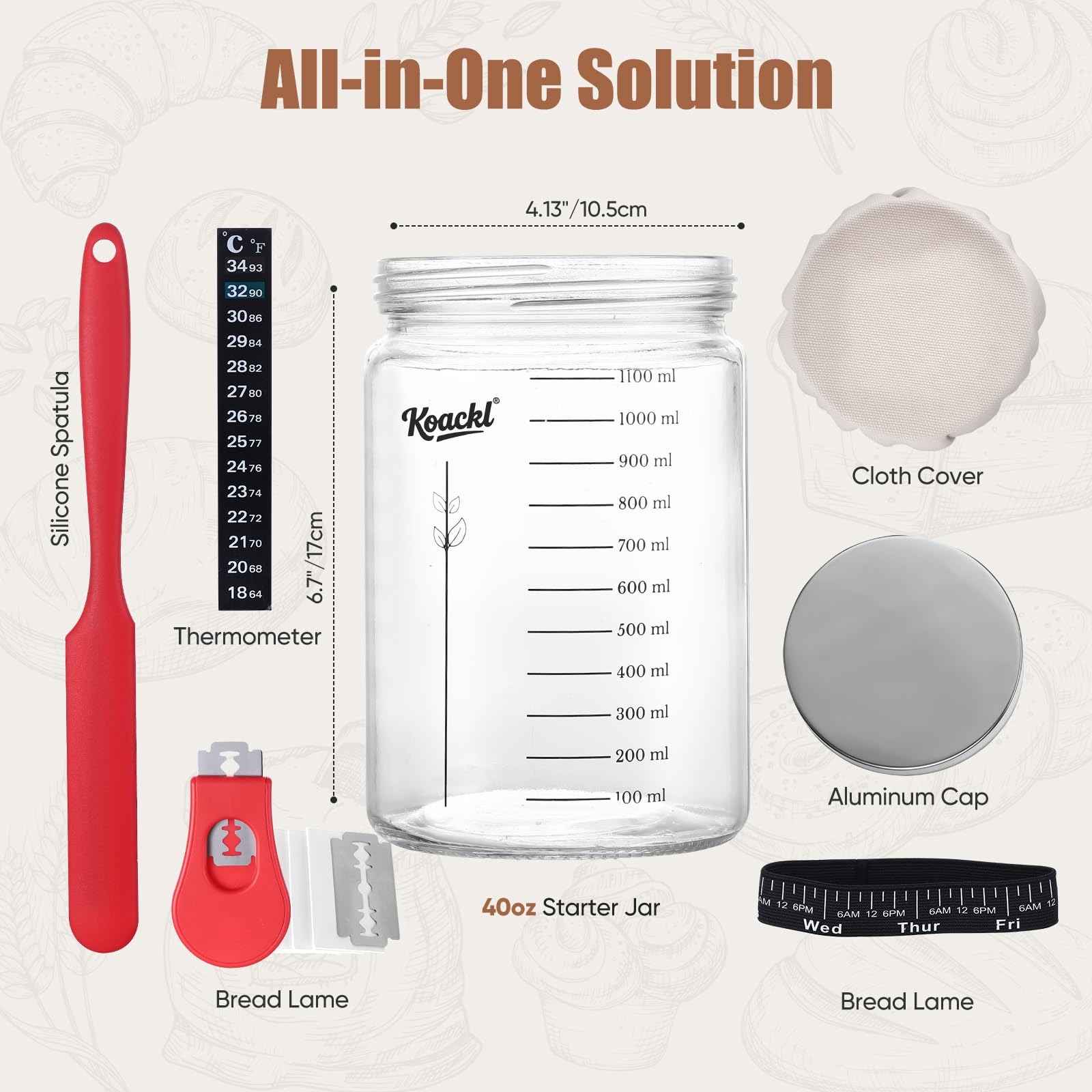 KOACKL Sourdough Starter Jar, 40oz/1200ml Sourdough Starter Kit with Magnetic Bread Lame, Thermometer, Long Scraper, Cloth Cover & Lid for Sourdough Bread Baking Supplies