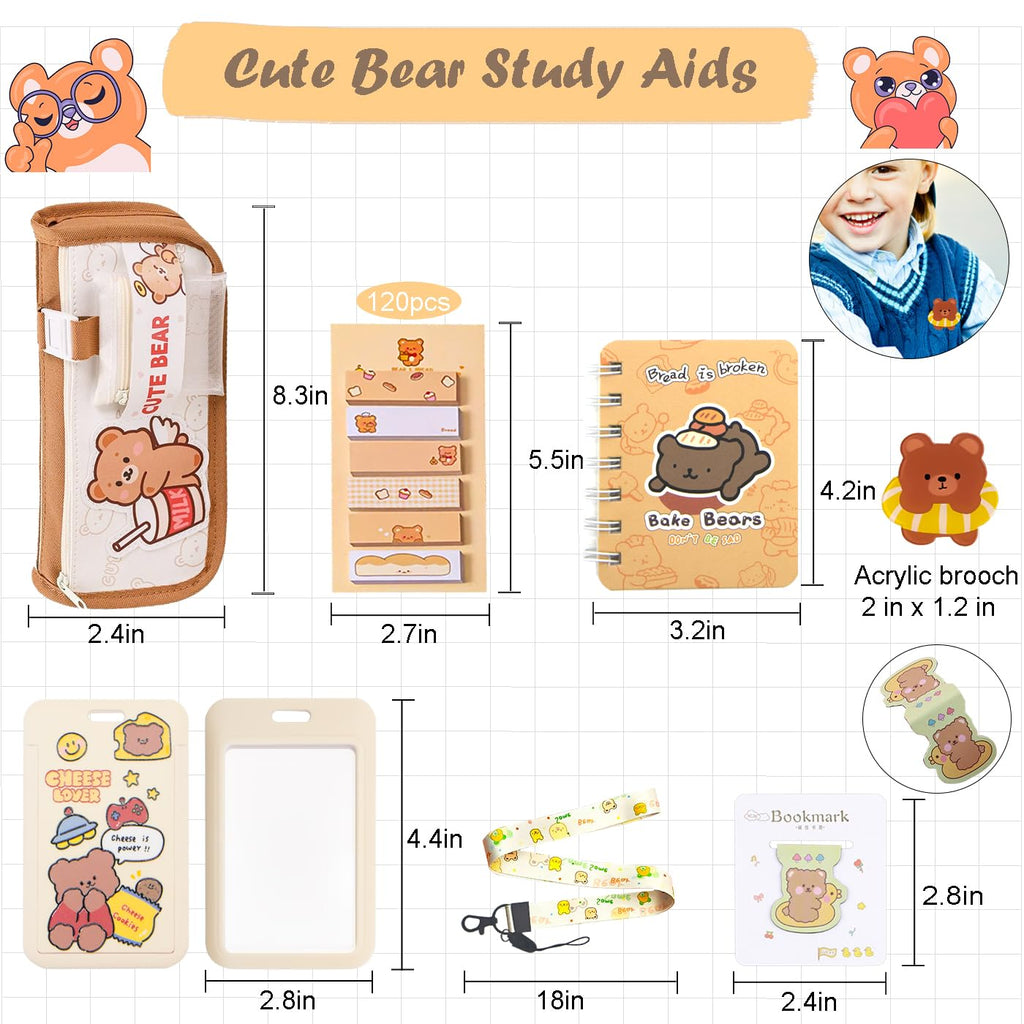 406Pcs Cute Bear Stationery Set, Kawaii Office Supplies Includes Fun Pencil Case Gel Ink Pens, Cartoon Sticky Notes Mini Notebooks Stickers Card Case As Bulk Party Gifts (Bear)