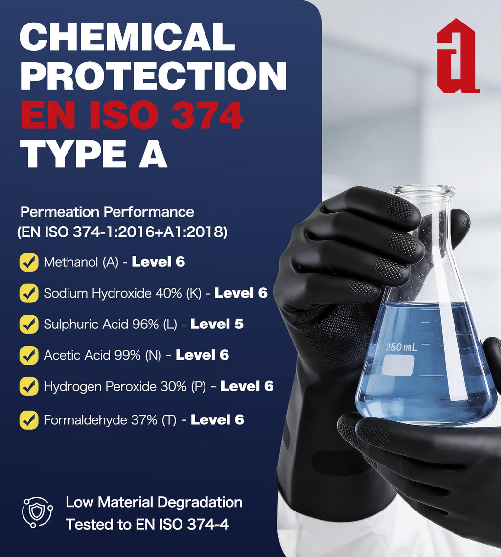 AnTools 2 Pairs Heavy-Duty Chemical Resistant Rubber Gloves, Protective Industrial Gloves for Cleaning, Dishwashing, Resist Acid, Alkali, Hazmat, Black, Large