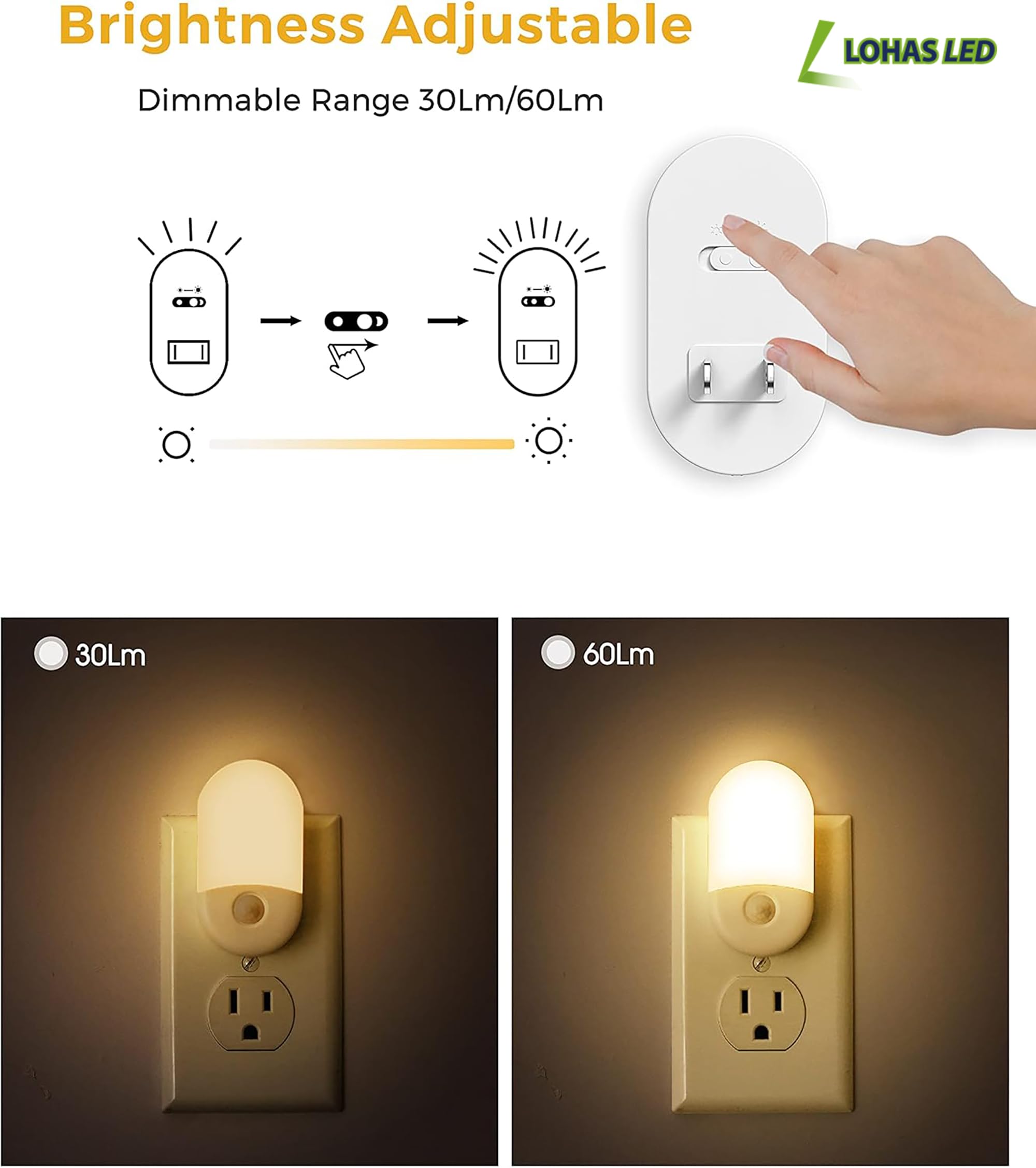 L LOHAS LED Motion Sensor Night Light, 2 Pack, Motion Activated Night Light, Motion Sensor Night Lights Plug into Wall, 3000K Warm White, Adjustable Brightness, for Kids Adult Bathroom Bedroom