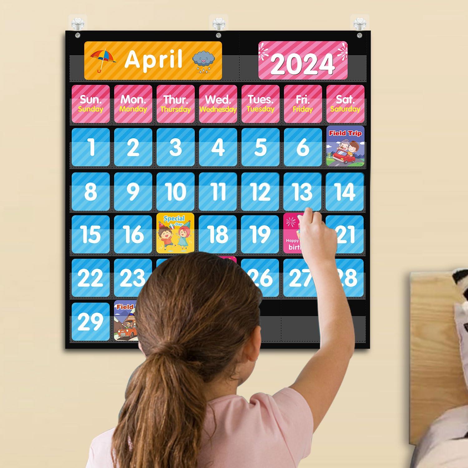 REGELETO Large 44 Pockets Calendar Pocket Chart for Classroom with 85 Cards, Monthly Calendar and Weather Black Pocket Chart for Students Learning and Homeschool (25” X 24”)