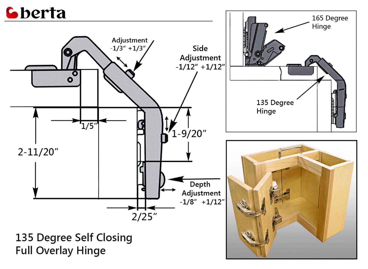 Berta 2 Pack 135° Lazy Susan Hinge, Full Overlay Concealed Frameless Nickel Plated Steel Cabinet Hardware