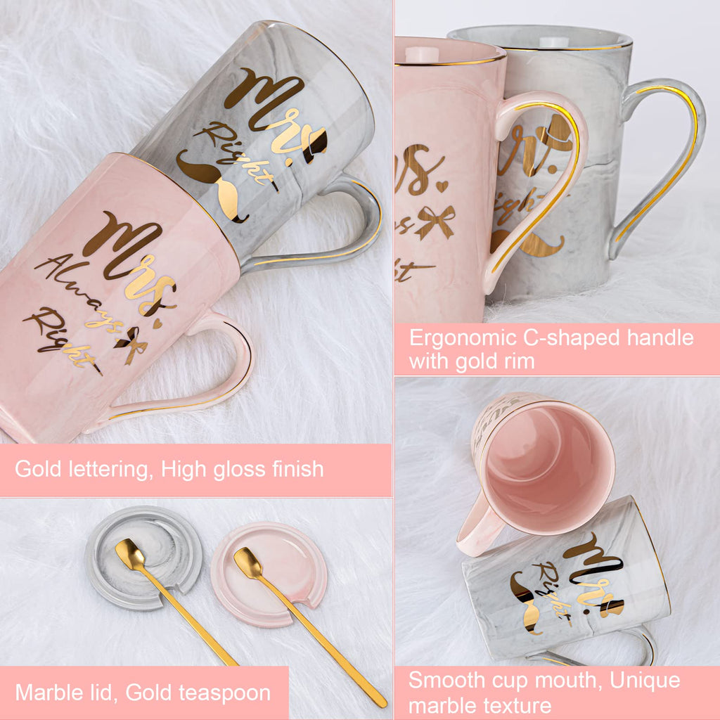 Mr Right and Mrs Always Right Couples Mugs Gifts Set for Wedding, Engagement, Newlyweds Anniversary, Bridal Shower, 14oz Ceramic Marble Mugs with Golden Pattern, Microwave, Dishwasher Safe