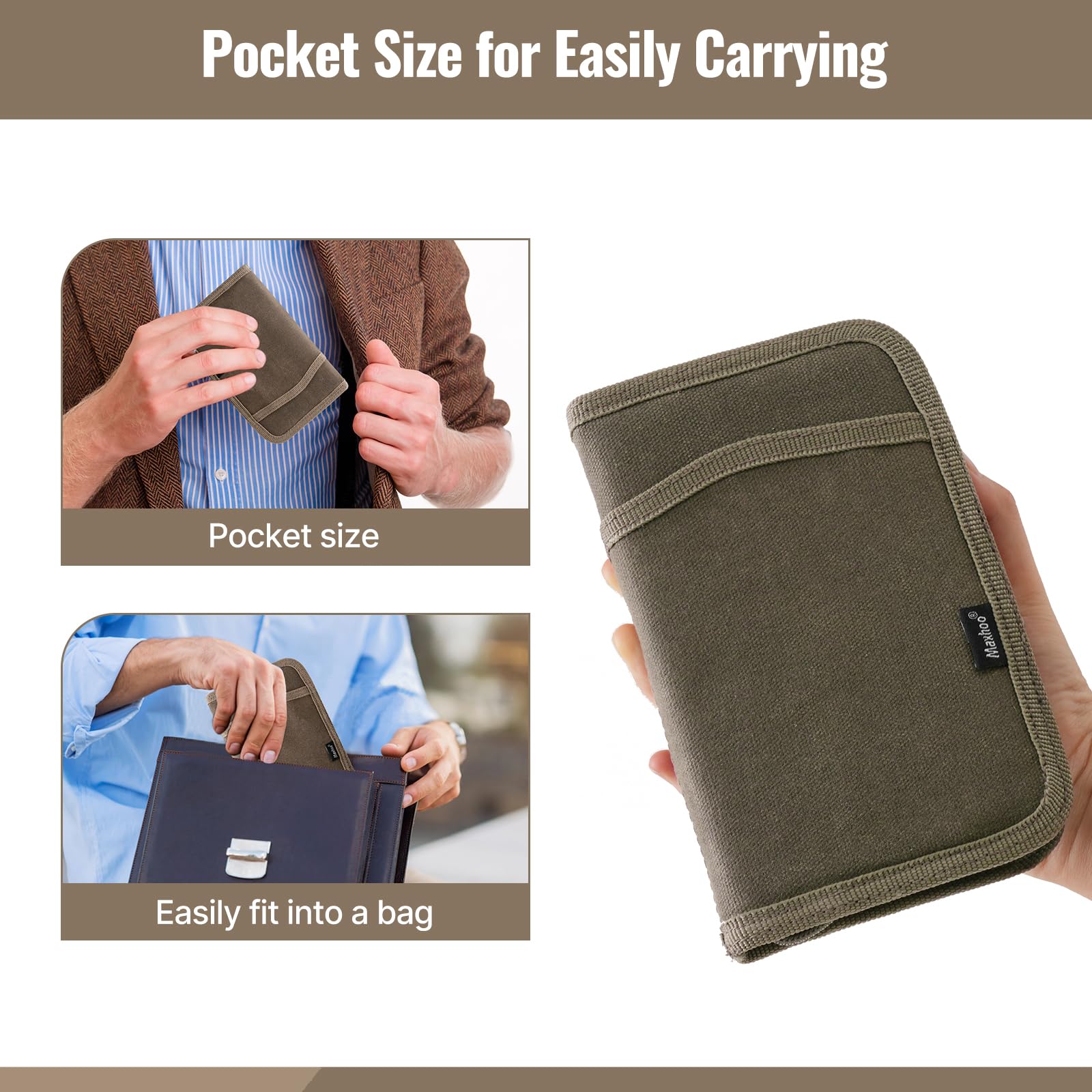 Maxhoo Journal Cover for Field Notes & Moleskine Cahier 3.5 x 5.5, Waxed Canvas Notebook Planner Sketchbook Cover with Zipper Pen Holder (Olive)