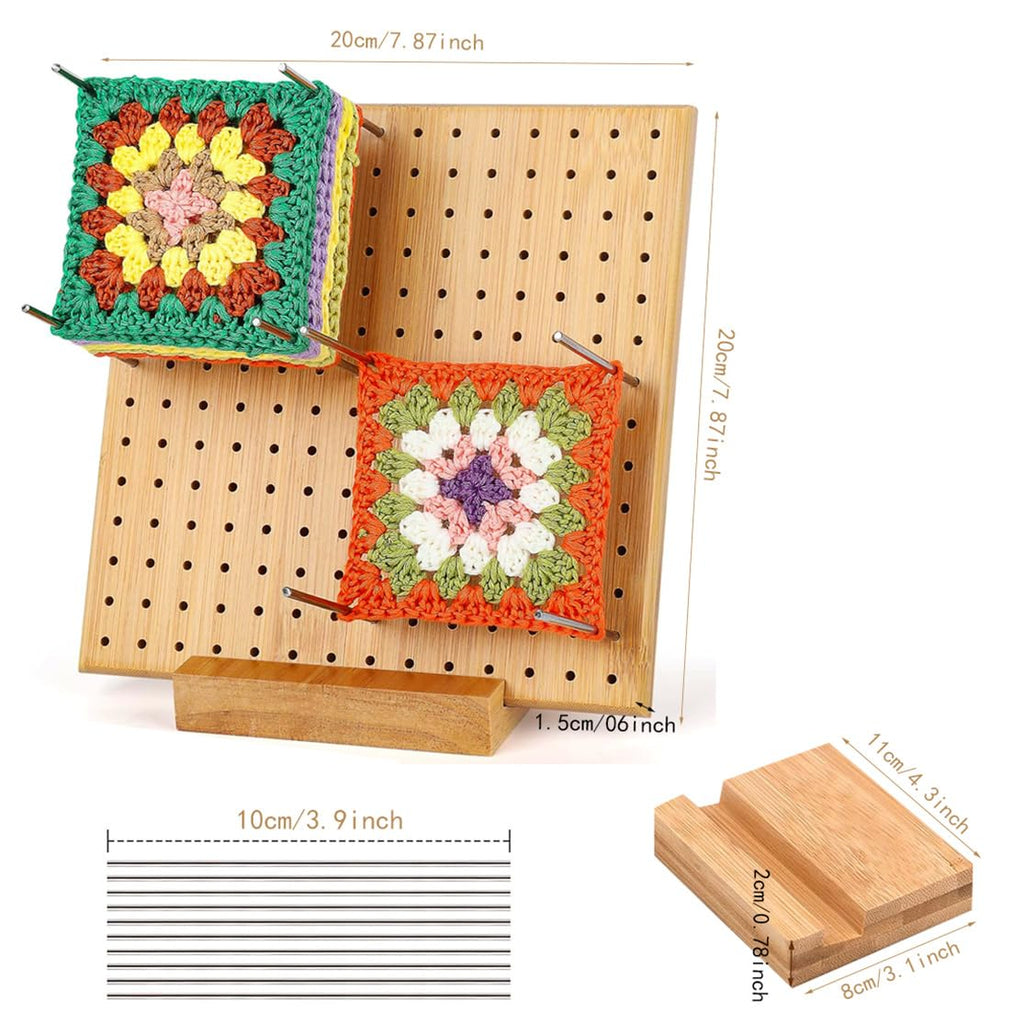Crochet Blocking Board Handcrafted Knitting Blocking Mats Bamboo Crochet Accessories with 20 Pcs Steel Pins for Granny Squares Knitting Crochet Projects 7.87 Inches