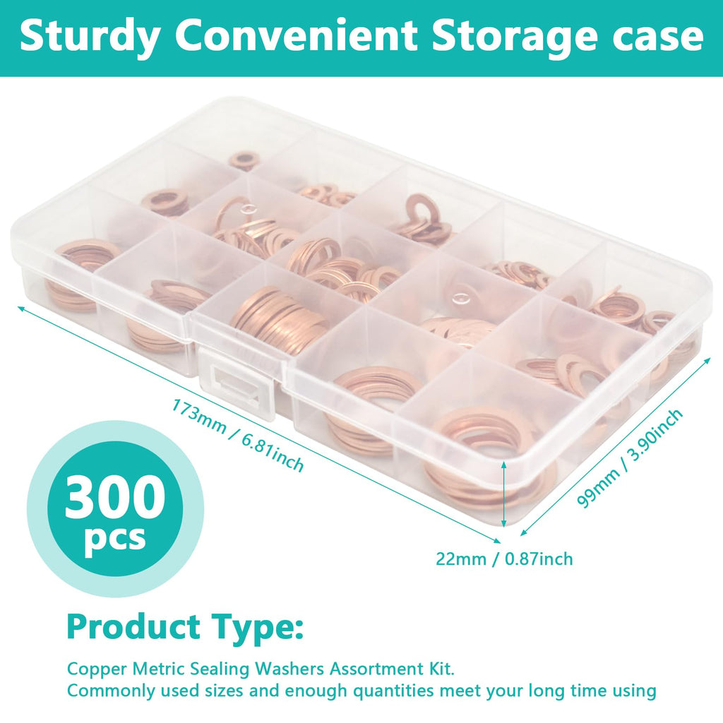 BDS-HOME 300pcs Copper Flat Washers Sealing Washer Assortment Kit 12size Metal Metric Crush Washers M5 M6 M8 M10 M12 M14 M16 M20