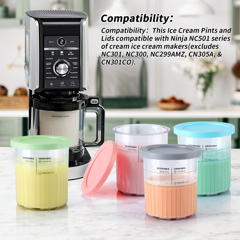 4 Pack Ice Cream Pints and Lids Compatible with Ninja Creami Deluxe Ice Cream Maker (NC501 Series) Ninja Creami Deluxe Containers