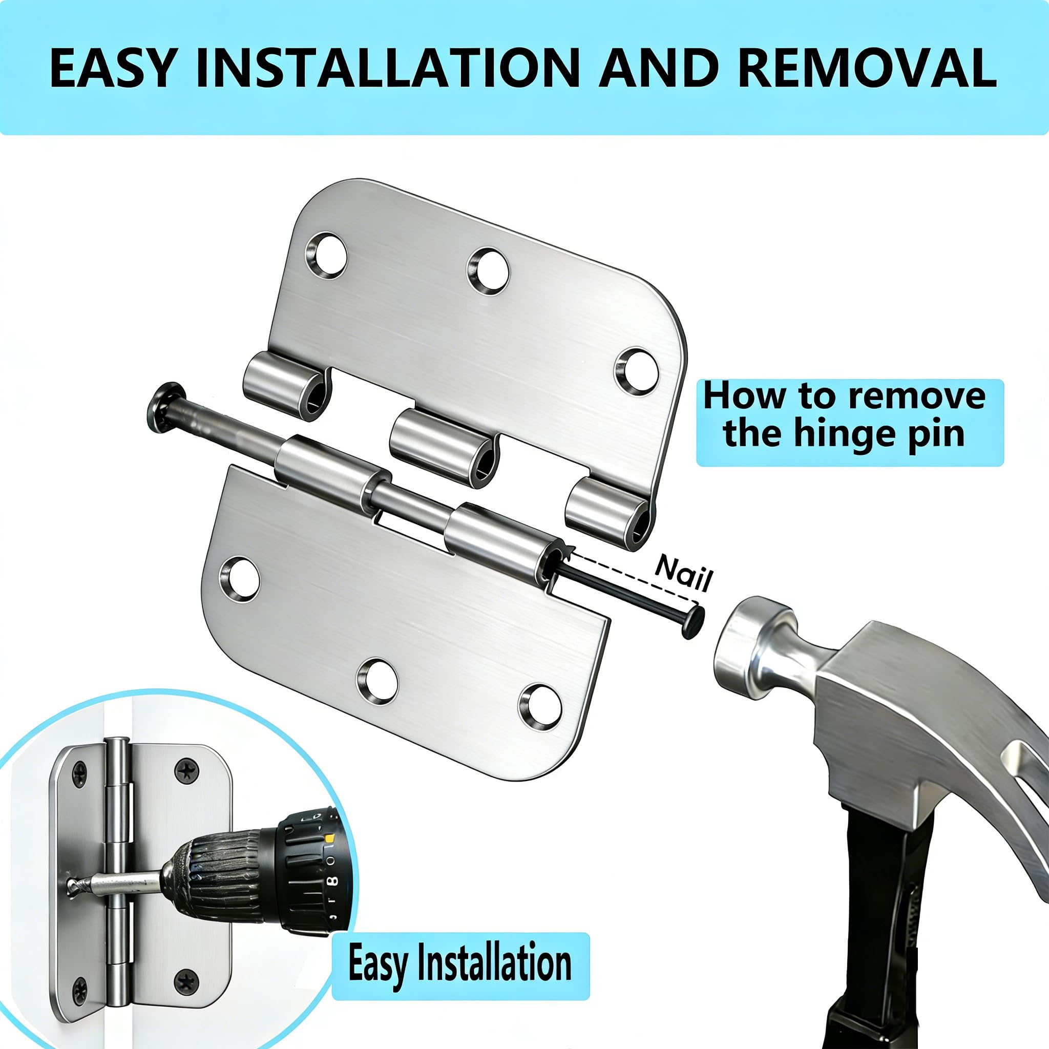 Brushed Nickle Door Hinges,6 Pack Exterior Hinges Doors,3x3 Inch Silver Hinge for Interior Doors 5/8" Rounded Radius Corners Durable Steel Hinge Door Hardware