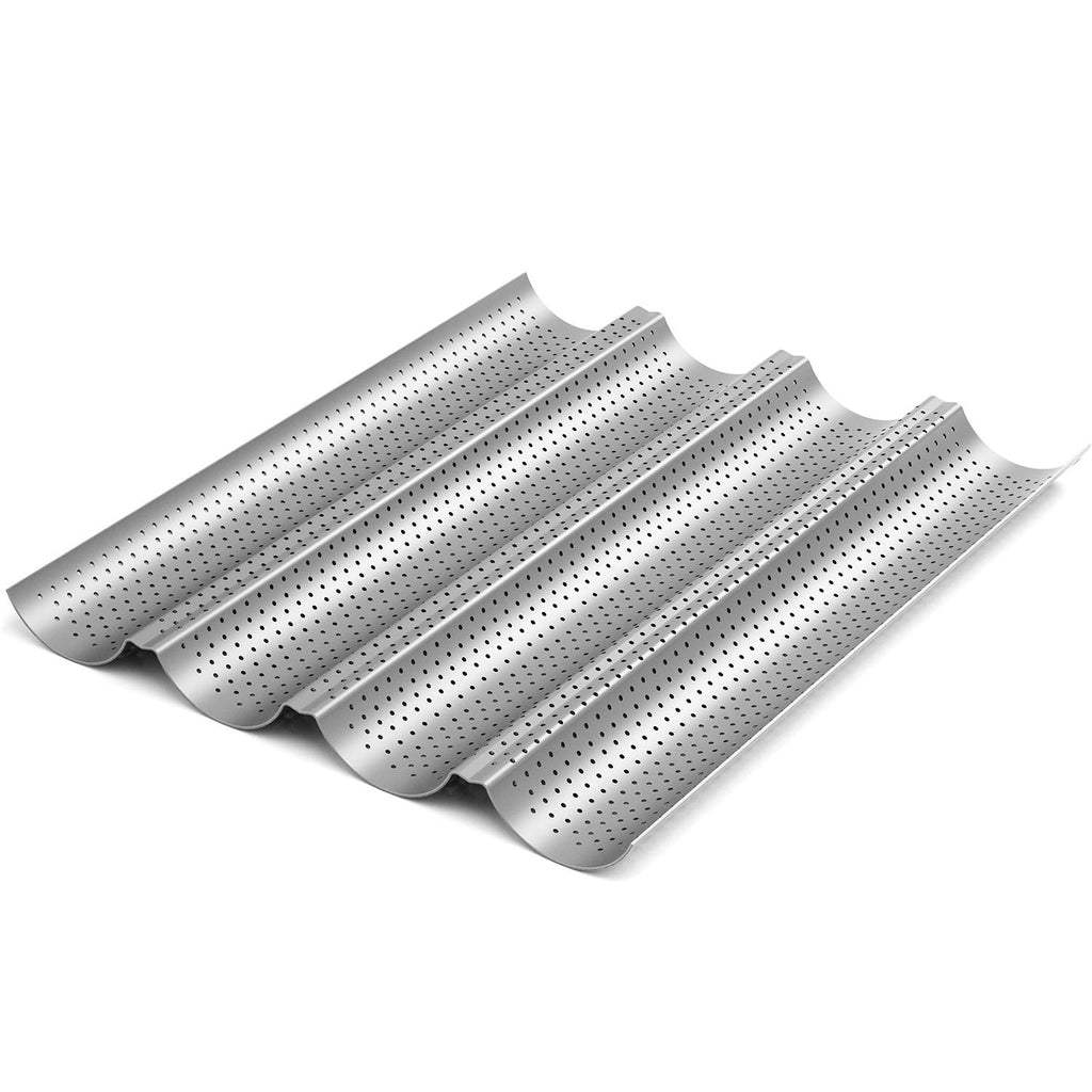 2 Pack Nonstick Perforated Baguette Pan 15" x 13" for French Bread Baking 4 Wave Loaves Loaf Bake Mold Toast Cooking Bakers Molding 4 Gutter Oven Toaster Pan (Sliver)