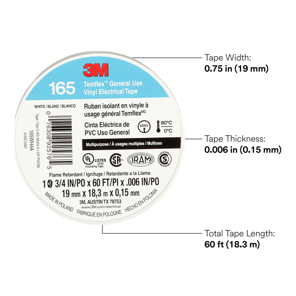 3M Temflex 165, Vinyl Colour Coding Electrical Tape, White, 3/4in x 60ft, 10 Rolls