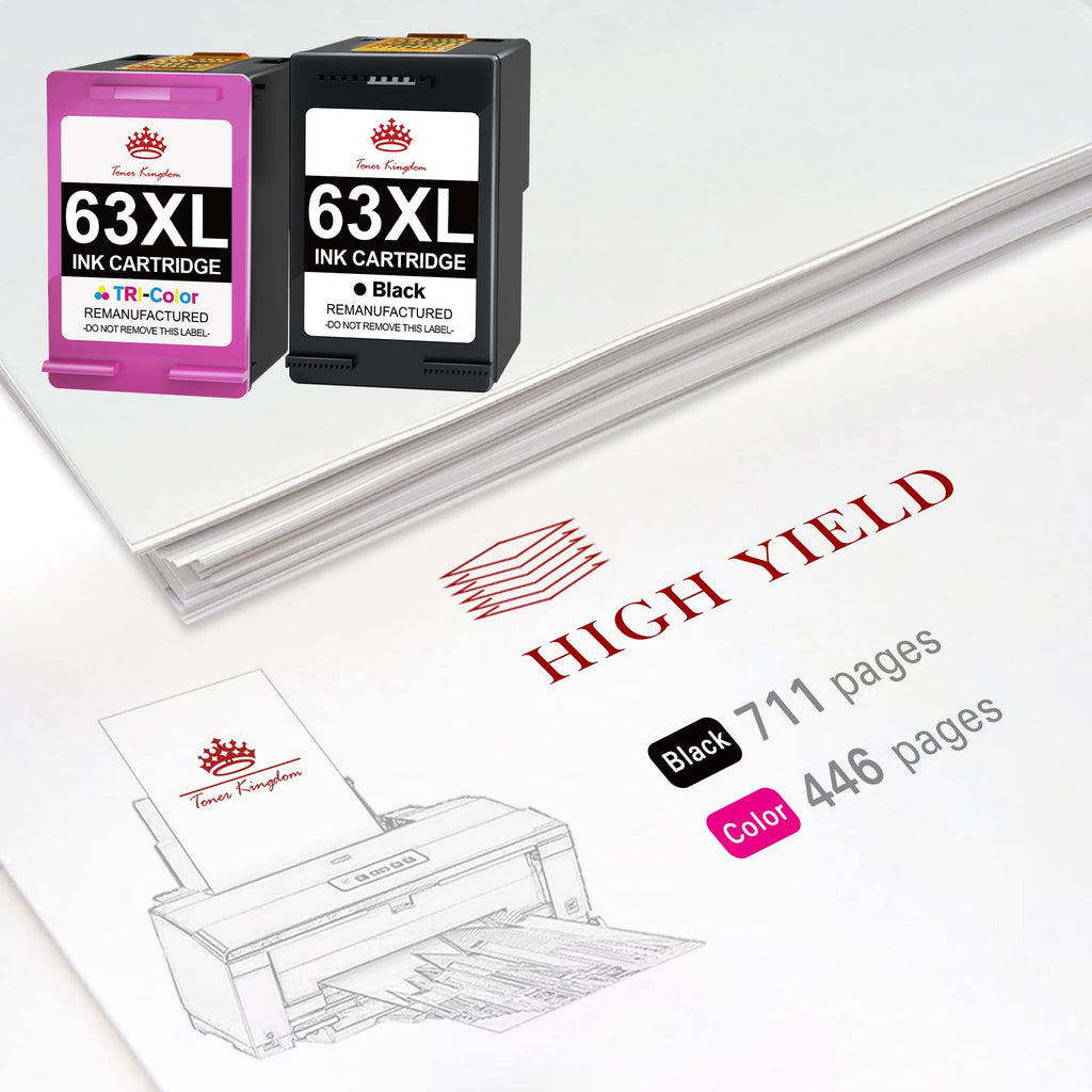 Toner Kingdom Remanufactured Ink Cartridge Replacement for HP 63 Ink 63XL for HP Envy 4520 Ink cartridges 4512 4516 Officejet 3830 4650 5255 5258 Deskjet 1112 Printer Ink(1 Black, 1 Tri-Color)
