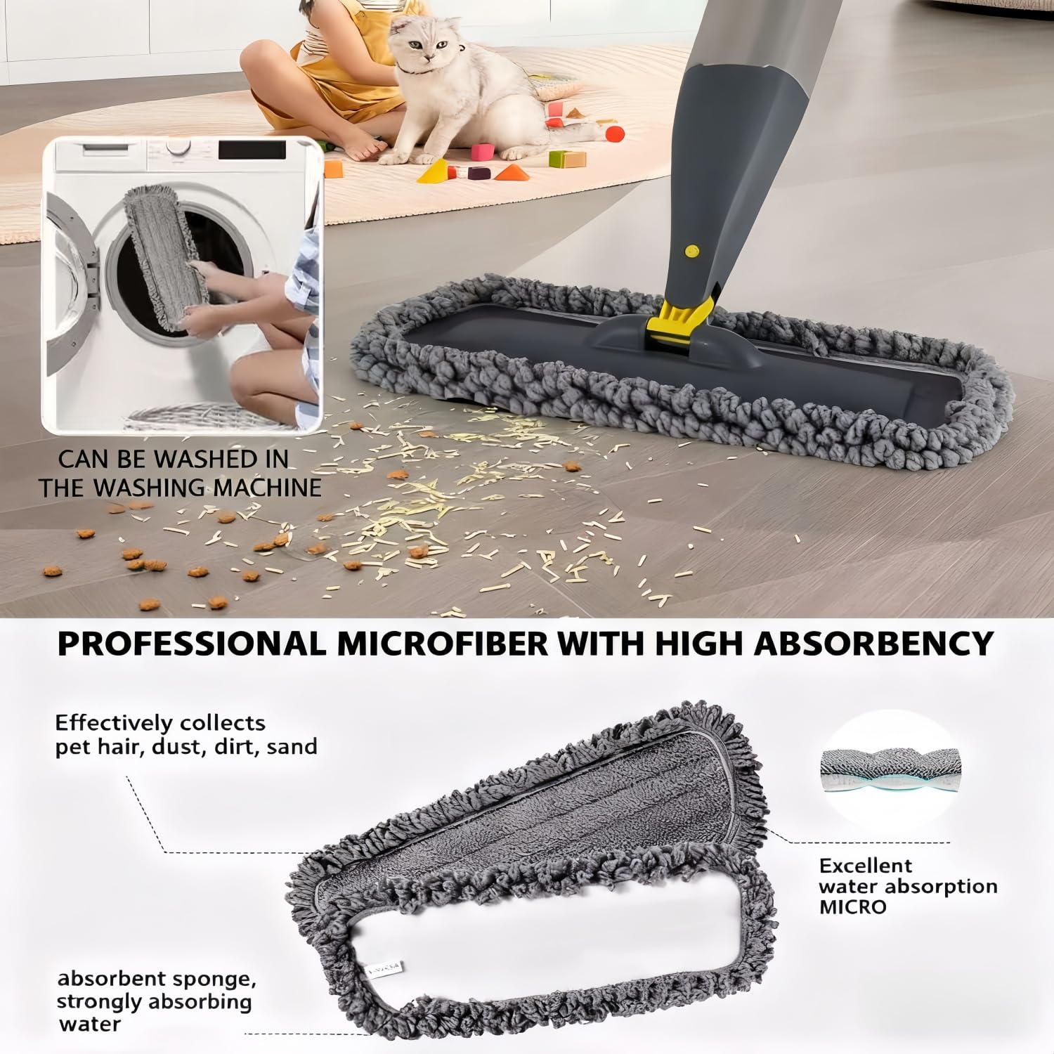 Qinsunny Washable Spray Mop for Floor Cleaning, Wet and Dry Microfiber Mop with 3 Reusable Pads & 800ml Refillable Bottle, Self-Cleaning Base for Hardwood, Laminate, Tile Floors
