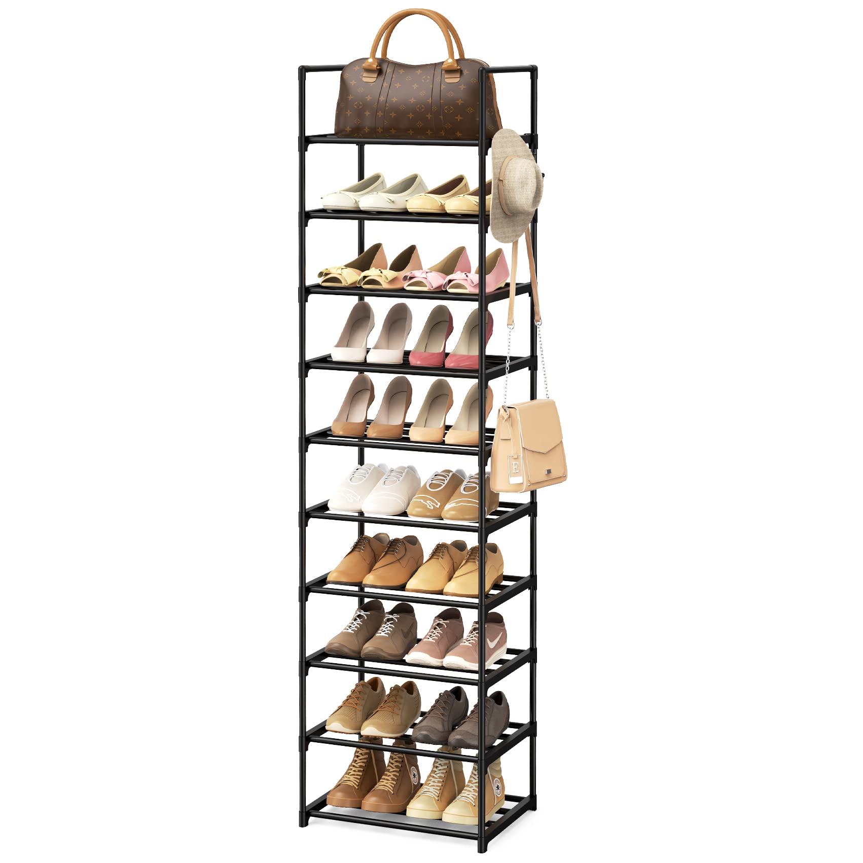 VTRIN 10 Tiers Narrow Shoe Rack 20-25 Pairs Shoe and Boots Organizer Storage Sturdy Shoe Shelf, Metal Shoe Rack for Entryway, Bedroom, 17 x 12 x 79 Inches, Black Vertical Stackable with 5 Hooks