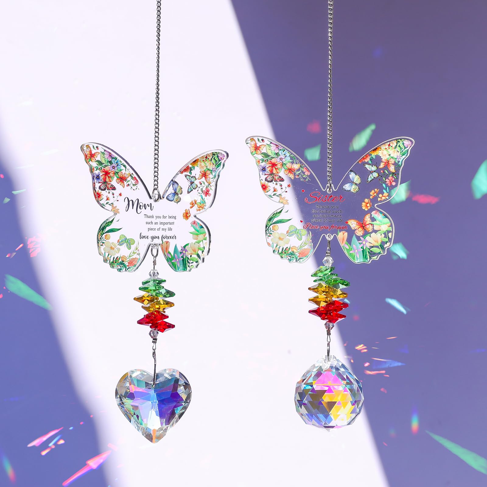 Yimofy Butterfly Crystal Sun Catcher with Grateful Message Sister Christmas Birthday Gifts from Sister Brother, Hanging Crystal Suncatcher Ornament Rainbow Maker for Window Garden Decor