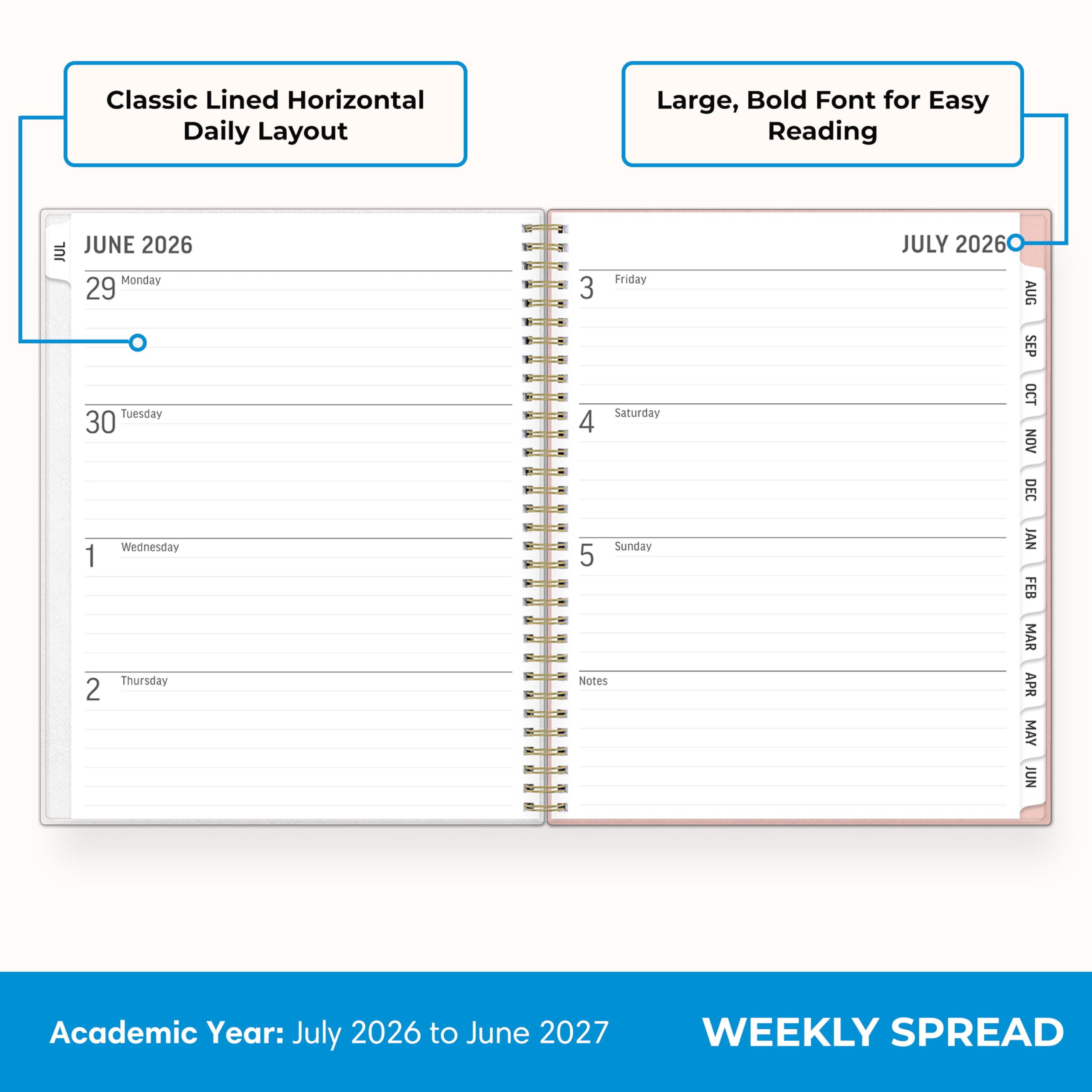 Blue Sky 2026-2027 Large Print Weekly and Monthly Academic Year Planner Calendar, July 2026 - June 2027, 8.5" x 11", Flexible Cover, Wirebound, Storage Pocket, Laminated Tabs, Charlotte