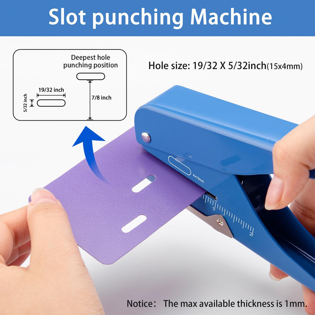 IMLIKE Handheld Badge Slot Hole Punch: Metal Card Punch with Garbage Collector, 19/32" x 5/32" Hole, Blue, Modern Style