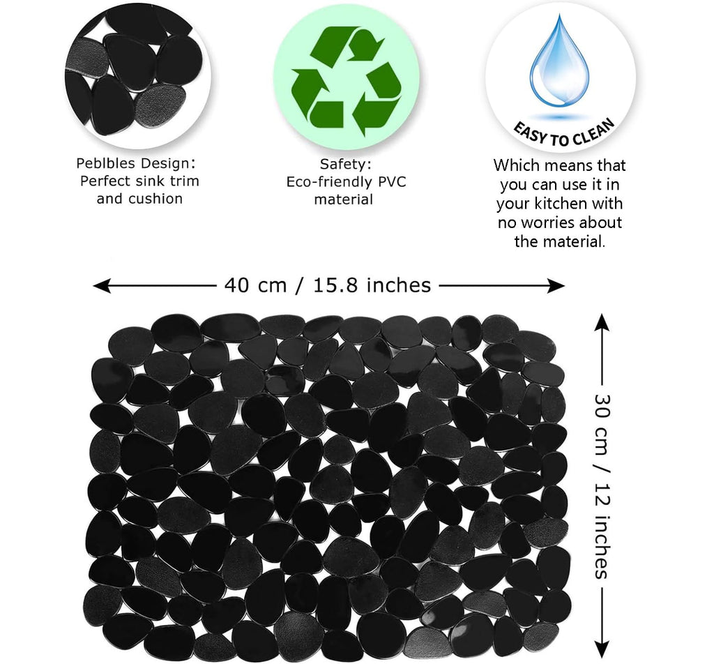 Yiter Kitchen Sink Mats, 2Pcs Adjustable Black PVC Sink Protector Mats for Stainless Steel Sink or Porcelain Sink, Dish Drying Mat for Bathroom Kitchen Sink Countertop, 15.8 x 12 inch