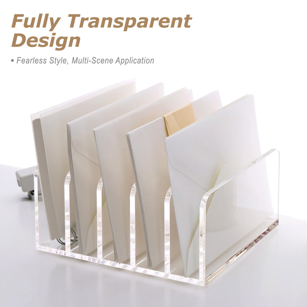 SANRUI Acrylic Desktop File Organizer, 5 Compartments Clear Office Document Sorter Mails Storage, Multifunction Letter Folder Racks Holders for Office,Home, School Desk Organization