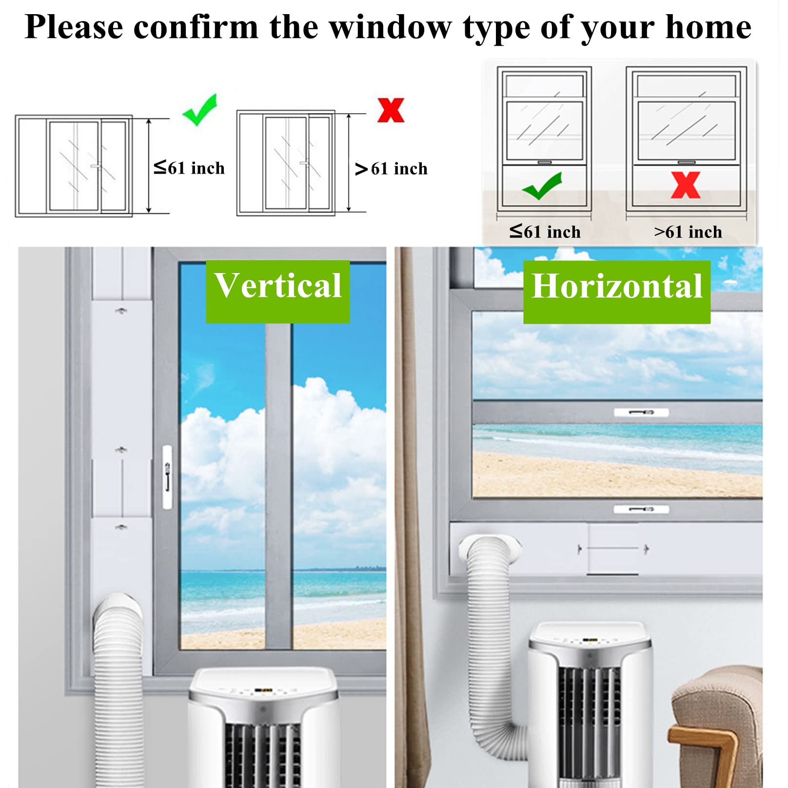 Upgraded Portable Air Conditioner Windows Vent Kit, Universal Window Sealing Plates with 2 in 1 Coupler, Suit for 5.1/5.9In Diameter Air Conditioner Exhaust Hose, Adjustable Length－17”to 61”