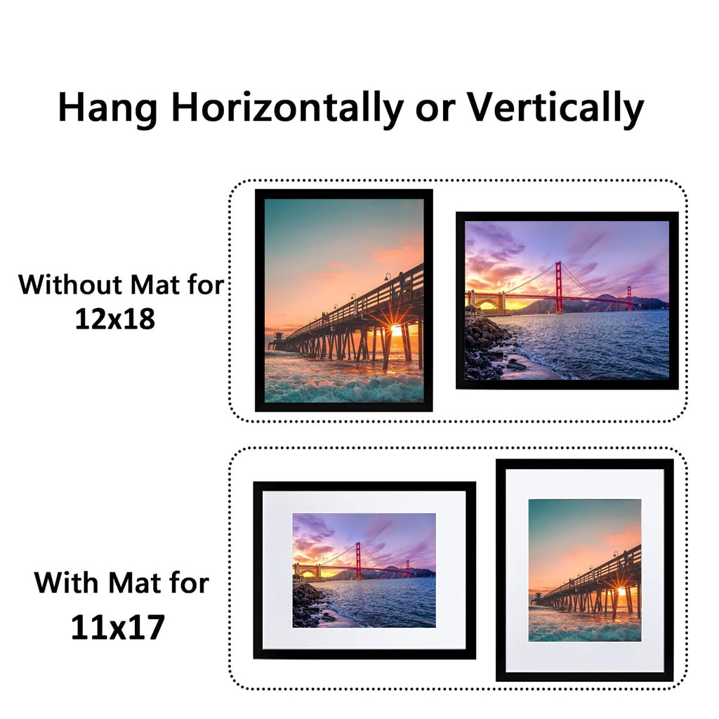 12x18 Picture Frames 2 Pack,Poster Frames Display Poster 11x17 with Mat or 12 x 18 Without Mat, Horizontal and Vertical Formats for Wall Mounting, Ideal for Home and Office Decor 12x18 Frame Black