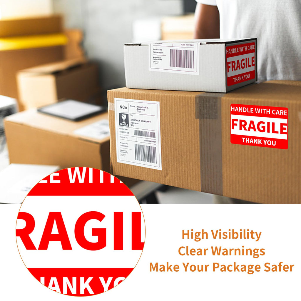 2 Rolls 3" x 5" Handle with Care Fragile Stickers for Shipping and Moving, 500 Labels per Roll, Permanent Adhesive Warning Stickers Fragile Labels
