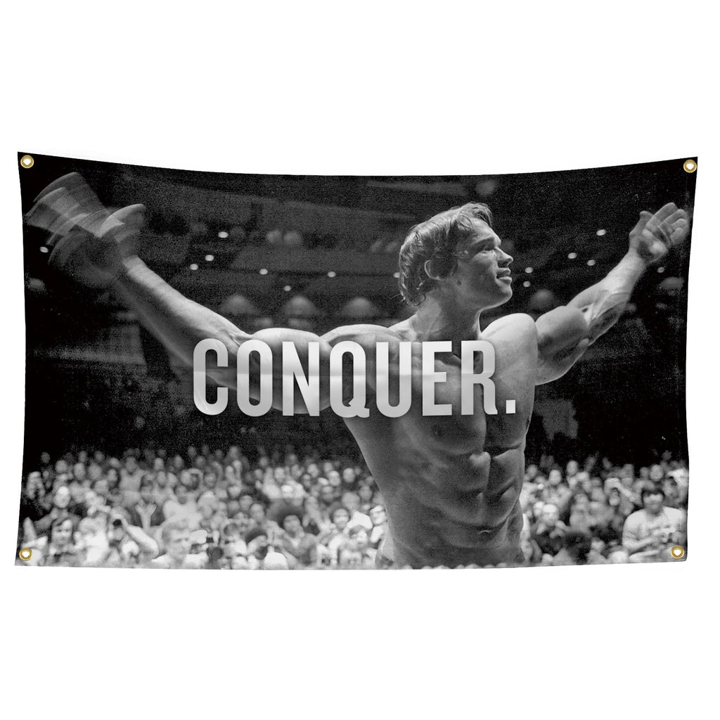 Arnold Schwarzenegger Conquer Motivational Inspirational Office Gym Wall Decor Flag Banner，3x5 Feet Flag Funny Poster Durable Man Cave Wall Flag with Brass Grommets This beautiful entertaining banner flag for College Dorm Room Decor,Outdoor,Parties gifts