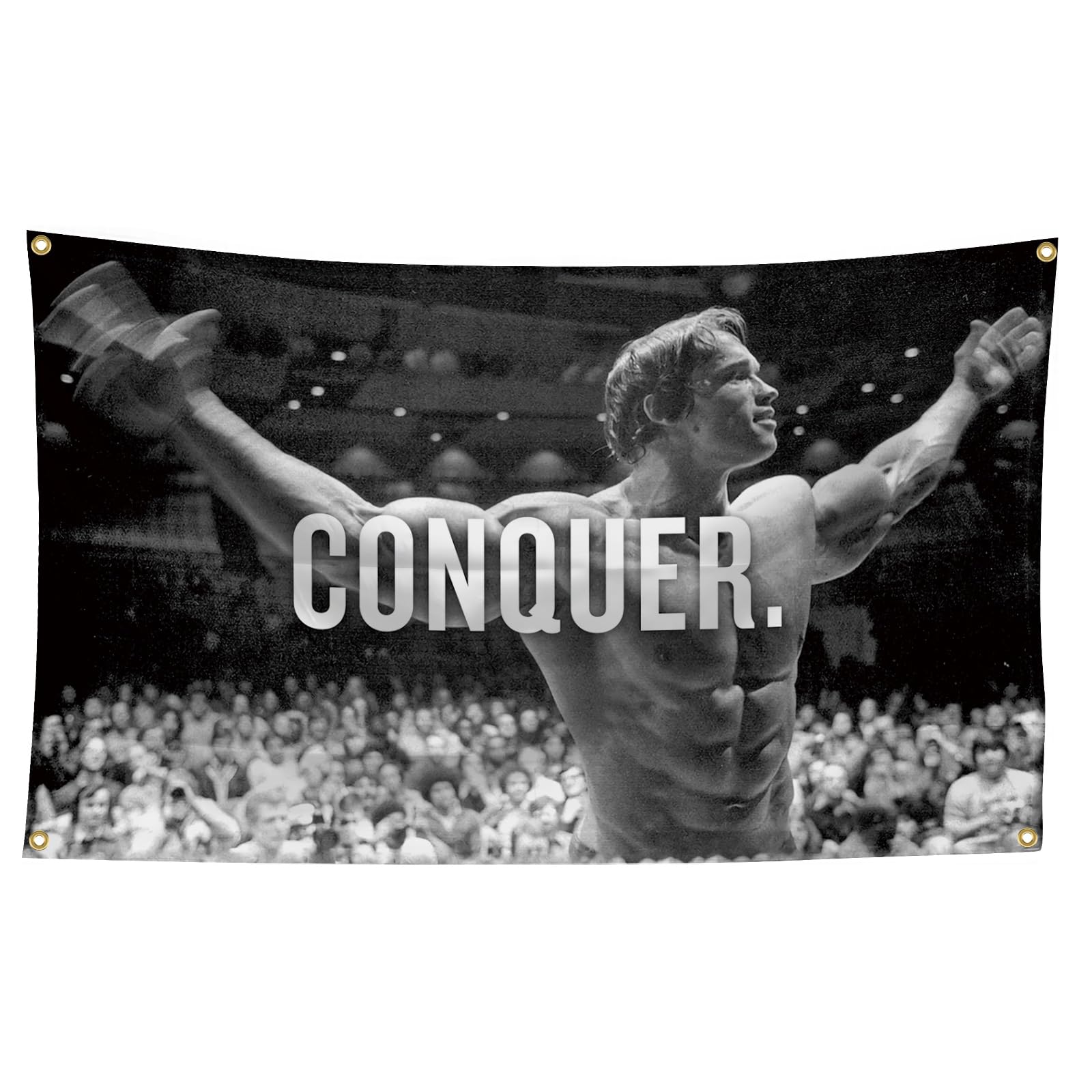 Arnold Schwarzenegger Conquer Motivational Inspirational Office Gym Wall Decor Flag Banner，3x5 Feet Flag Funny Poster Durable Man Cave Wall Flag with Brass Grommets This beautiful entertaining banner flag for College Dorm Room Decor,Outdoor,Parties gifts