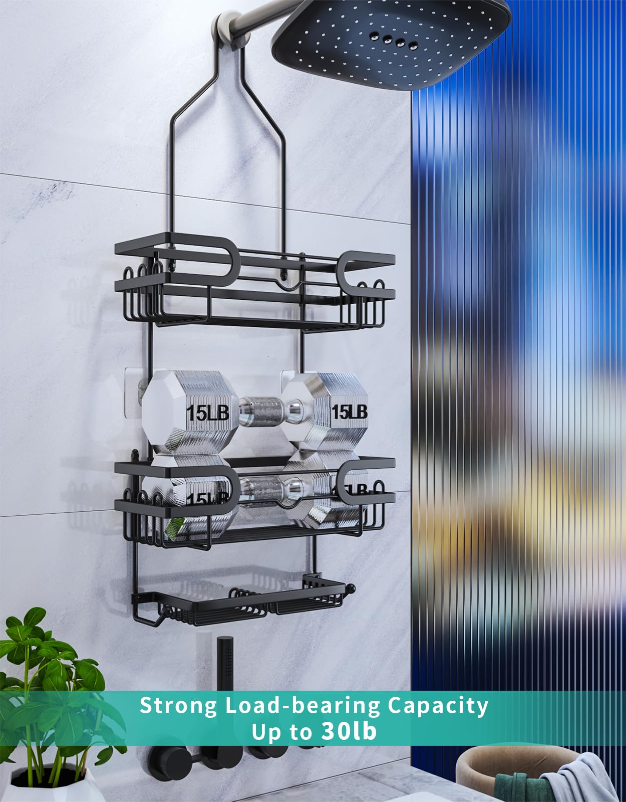 HapiRm Shower Caddy Hanging No Drilling, 3 Tier Over Head Shower Shelves, Shower Organizer Hanging with 2 Soap Holder & 12 Hooks, Bathroom Shelf for Shampoo, Soap, 12.6 x 4.7 x 28.3in