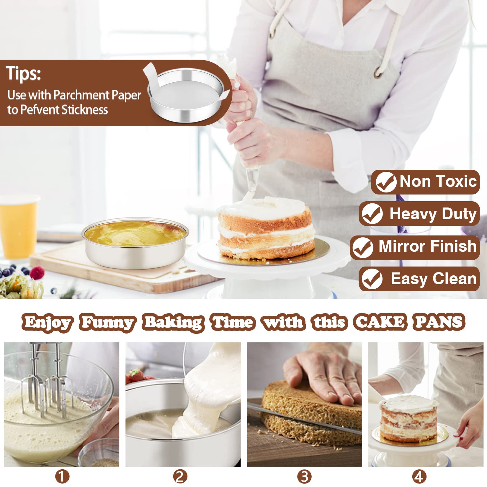 P&P Chef 6 Inch Cake Pans Set of 4, Round Baking Pan, Stainless Steel Birthday Wedding Metal Layer Cake Pans, Non Toxic & Healthy, Mirror Polished & Dishwasher Safe