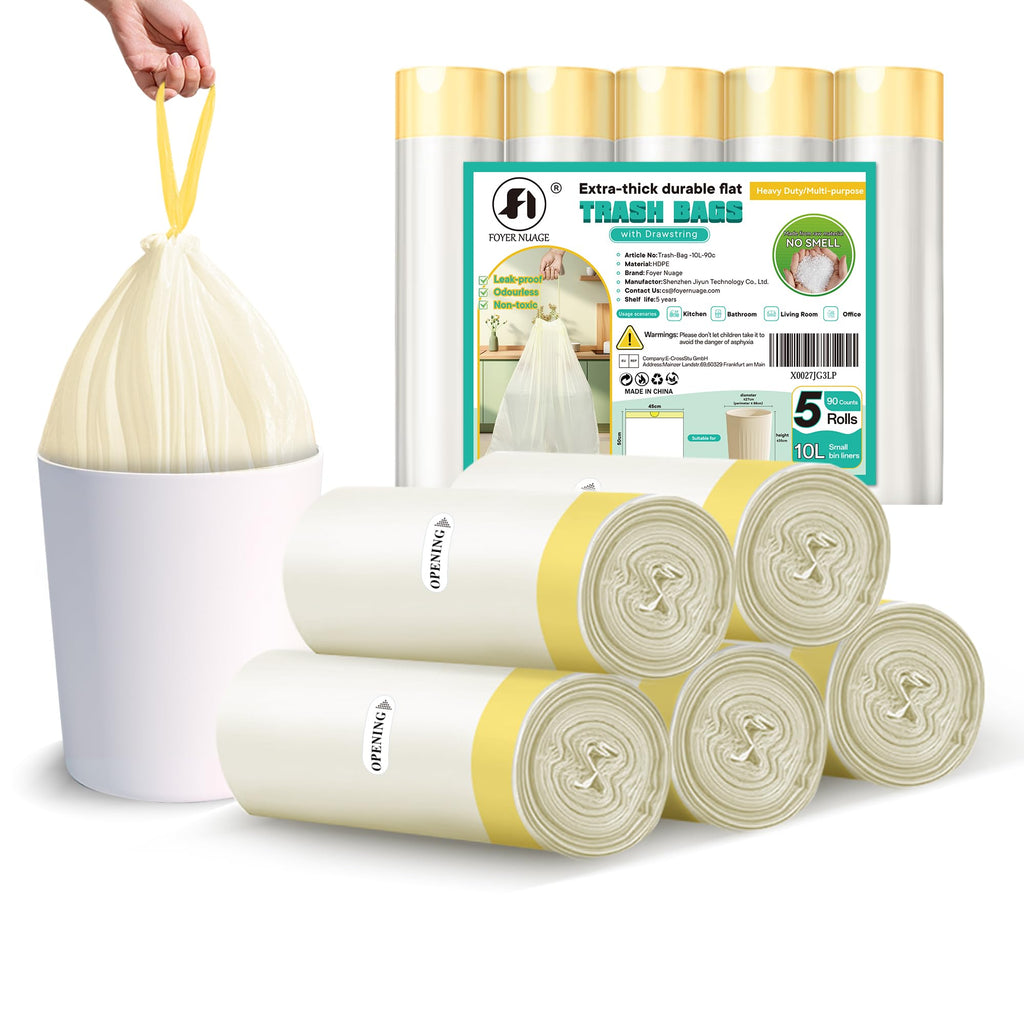 Foyer Nuage 10L 90 Counts Bin Bags with Drawstring, 45 x 50 cm Thick Plastic Bin Liners for Bedroom Kitchen Office