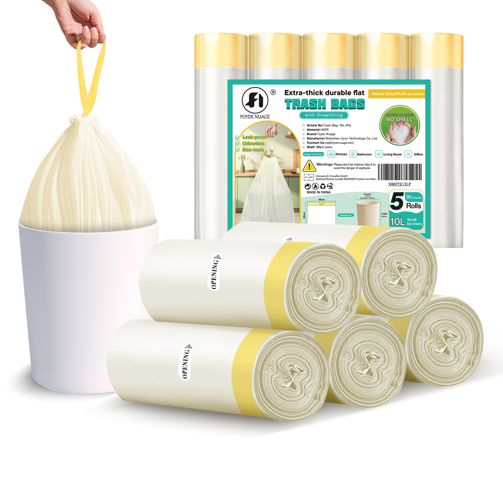 Foyer Nuage 10L 90 Counts Bin Bags with Drawstring, 45 x 50 cm Thick Plastic Bin Liners for Bedroom Kitchen Office