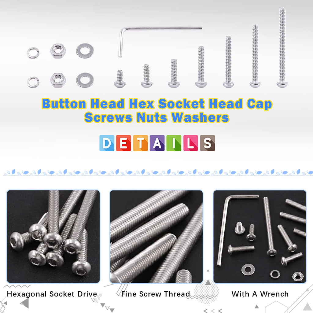 Glarks 1021Pcs M2 Button Head Screws 304 Stainless Steel Hex Socket Cap Screws Bolts and Nuts Washers Assortment Kit with Hex Wrench for Machinery Furniture Car Repair