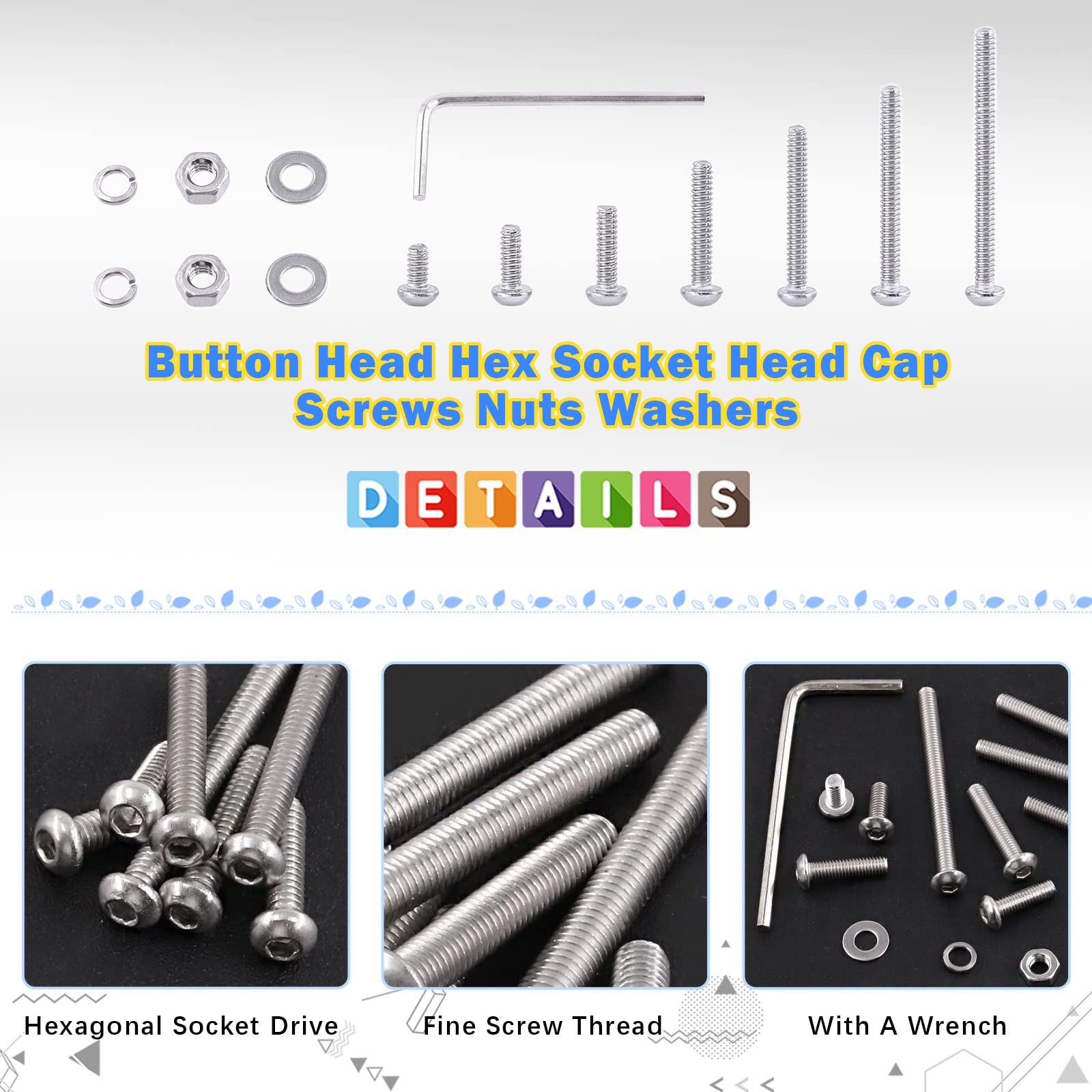 Glarks 1021Pcs M2 Button Head Screws 304 Stainless Steel Hex Socket Cap Screws Bolts and Nuts Washers Assortment Kit with Hex Wrench for Machinery Furniture Car Repair